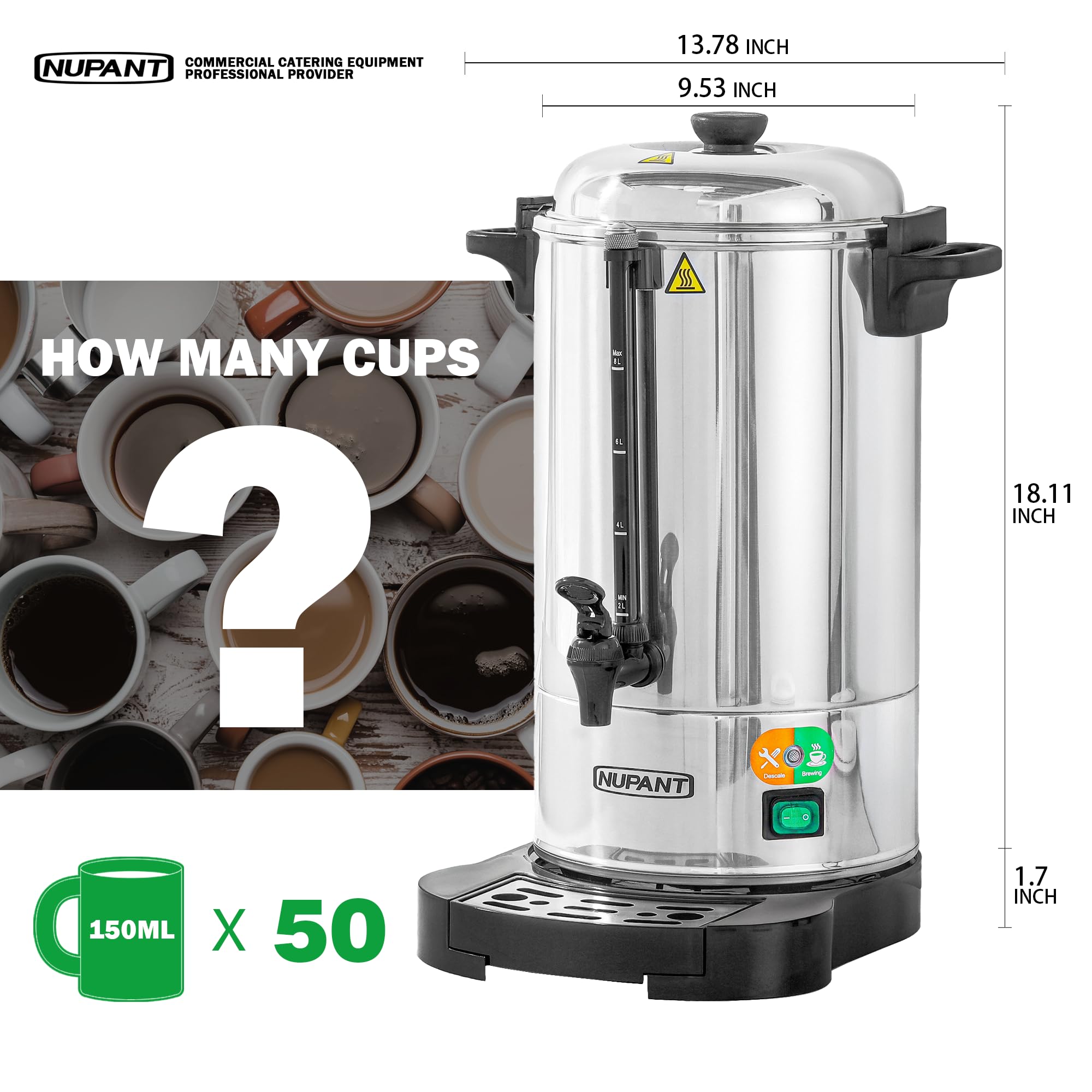 NUPANT Commercial Coffee Urn 100 Cup/15L Coffee Dispenser with Upgraded Percolator, Double Wall 304 Stainless Steel Hot Water Urn Beverage Dispenser, Keep Warm Large Coffee Maker for Catering Party