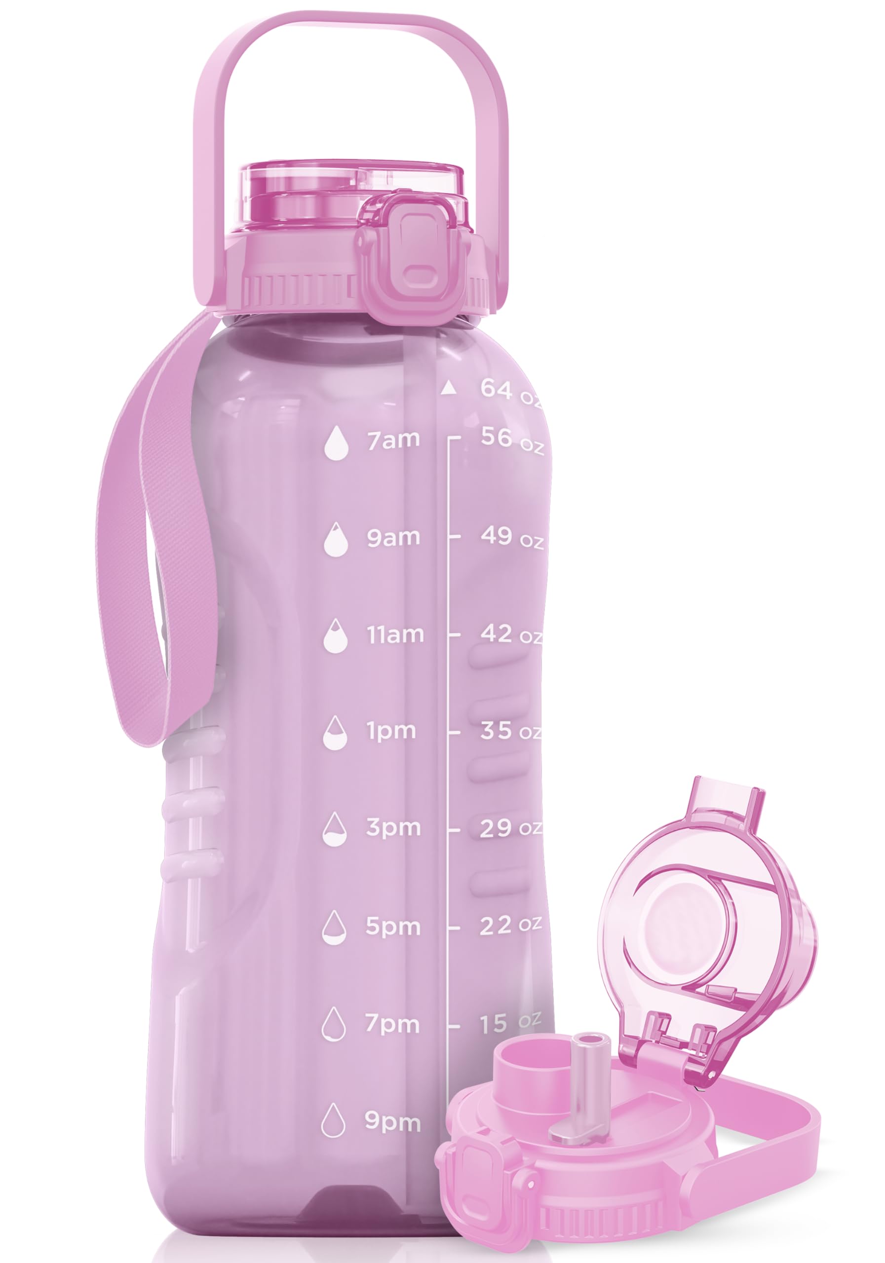 AQUAFIT 64 oz Water Bottle with Time Marker - 2in1 Straw & Chug Lid - BPA Free Big Water Bottle with Straw - Gym Water Bottle with Strap - Water Jug (64 Ounces, Clarity)