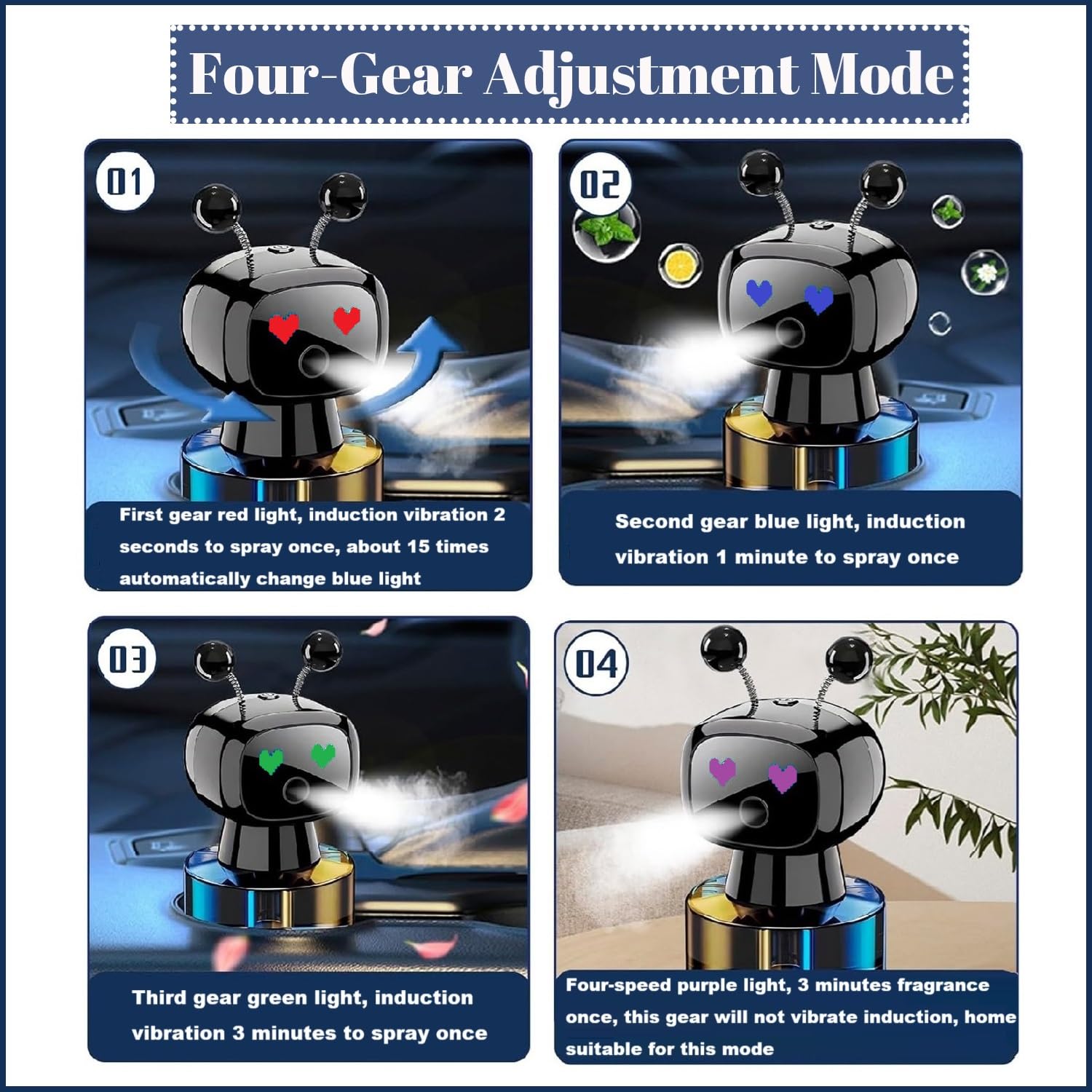 Robot Intelligent Aromatherapy Machine, Smart Cute Robot Car Air Freshener - Fine Spray/Fillable/Four-Gear Adjustment/Vibration Sensing/On-Off/Large Capacity Long-Lasting Fragrance/Black-V2(Cologne)