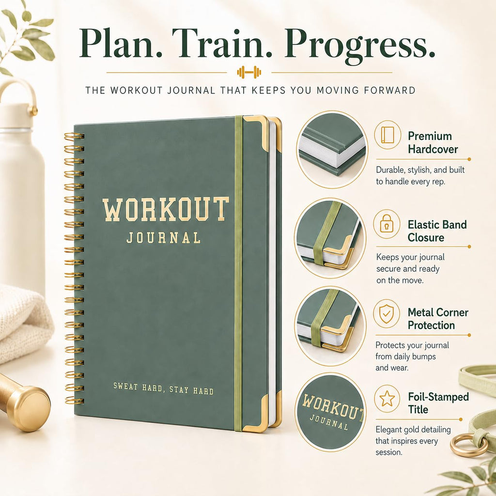 Workout Journal Fitness Tracker Planner for Men & Women, Exercise Log Book to Track Gym & Home Training, Goals, Sets, Reps & Progress, 142 Pages, A5 5.7" x 8.2" Portable Hardcover with Metal Corners, Green