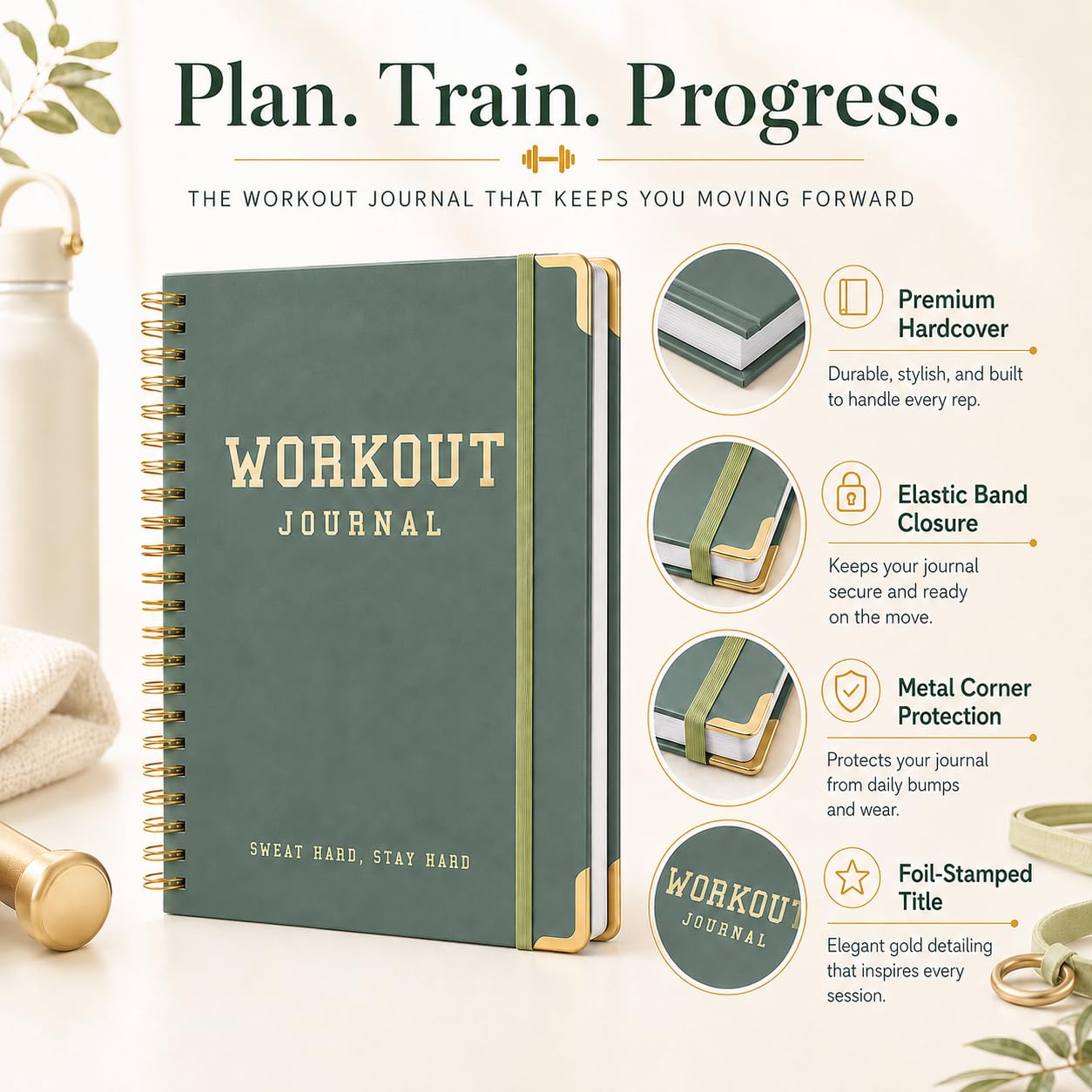 Workout Journal Fitness Tracker Planner for Men & Women, Exercise Log Book to Track Gym & Home Training, Goals, Sets, Reps & Progress, 142 Pages, A5 5.7" x 8.2" Portable Hardcover with Metal Corners, Green