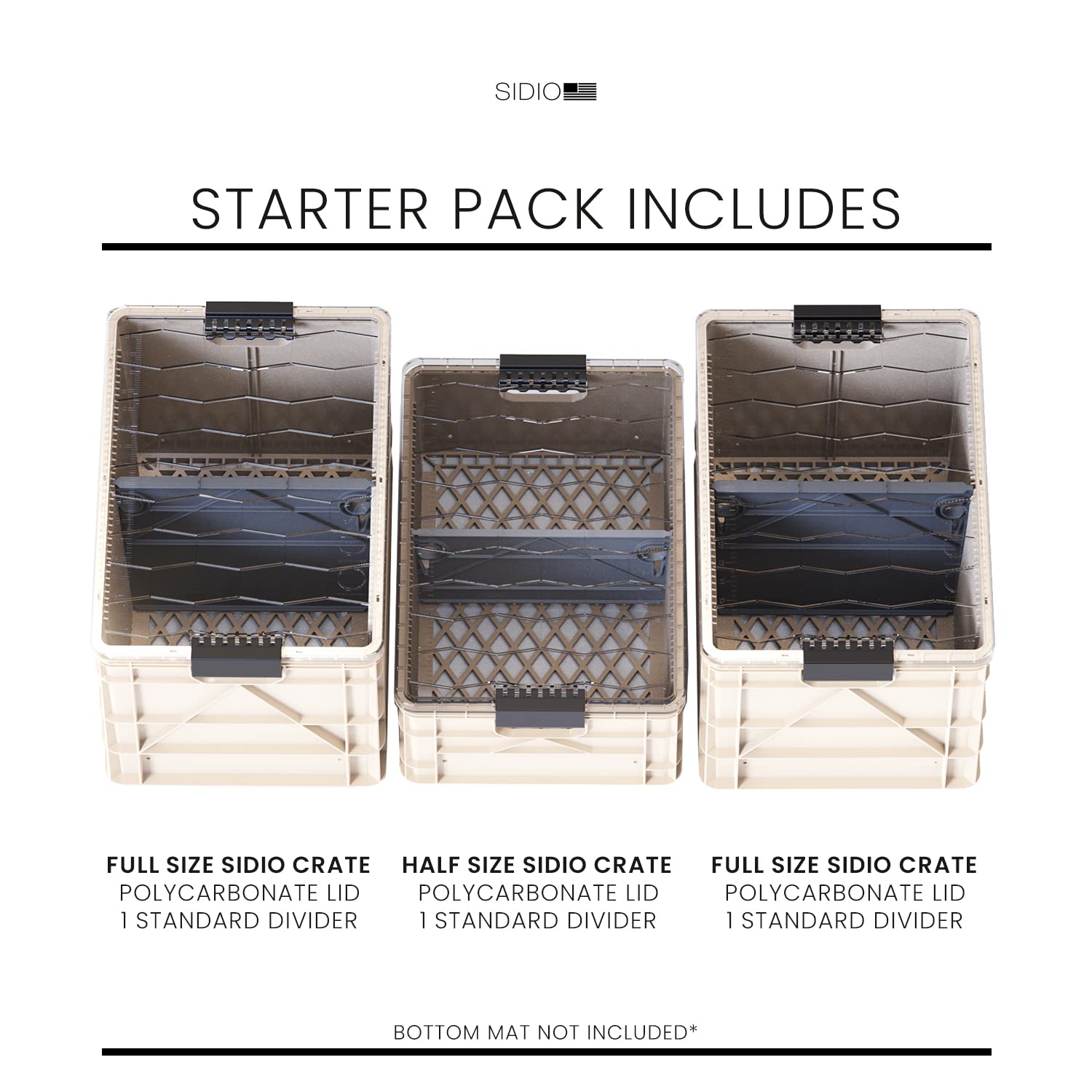 SIDIO CRATE Starter Pack - Two Full Size and One Half Size SidioCrate, Stackable Outdoor Organizer Storage Bins with Clear Lid and Dividers - Tan