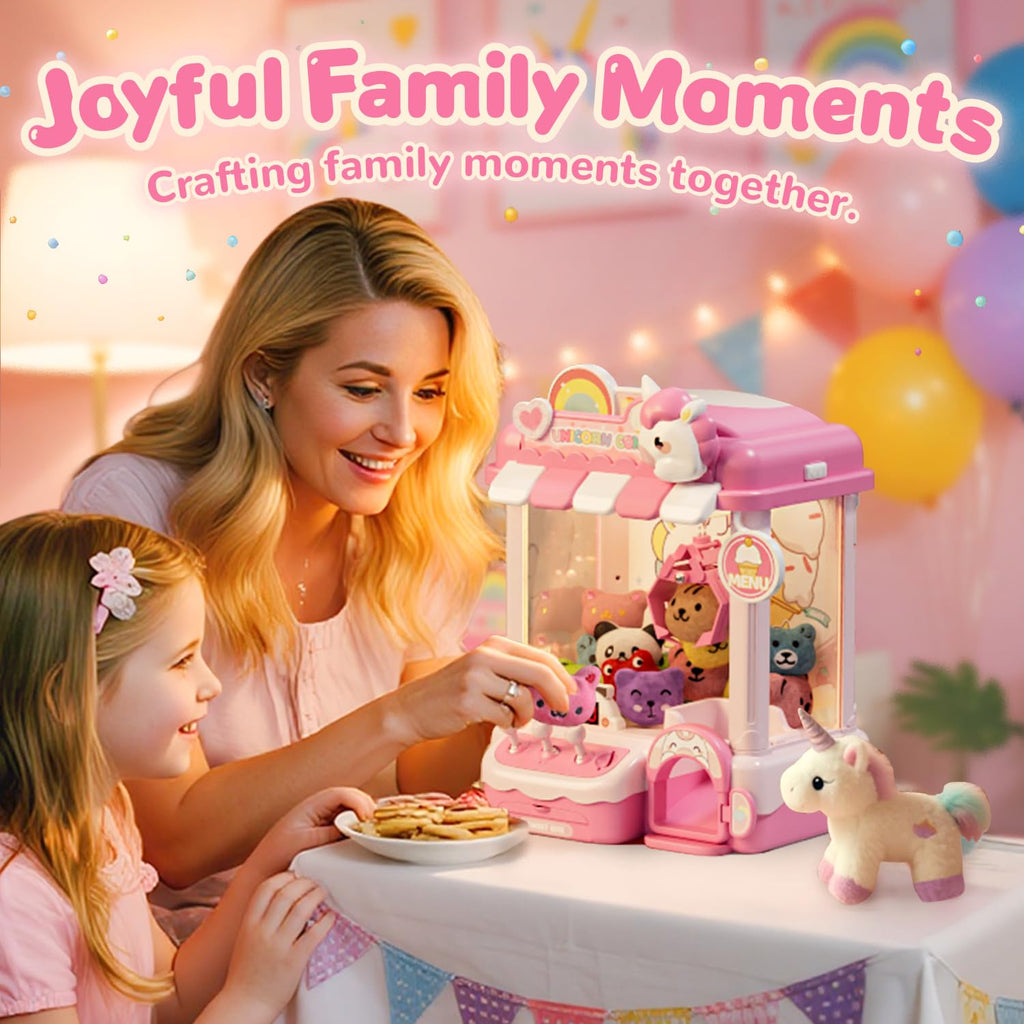 Unicorn Claw Machine for Kids, Arcade Prize Grabber with 20 Mini Plush Toys and 20 Capsules, 3-Lever Controls, Lights and Music, Gift for Ages 3 and Up