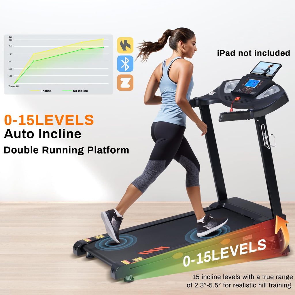 Treadmill for Home with 15-Level Auto Incline, 0.5-10 MPH, 18" Wide Running Belt, 3.0 HP, 300 LB Capacity, Shock-Absorbing Foldable Incline Treadmill with Bluetooth App