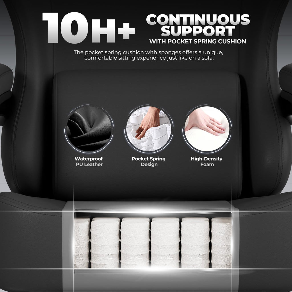 GTPLAYER Gaming Chair with Pocket Spring Cushion, Big and Tall Gamings Chairs 350LBS High Back Computer Chair with Footrest for Adults Lumbar Support Swivel Game Chair for Office,Leather Black-Massage