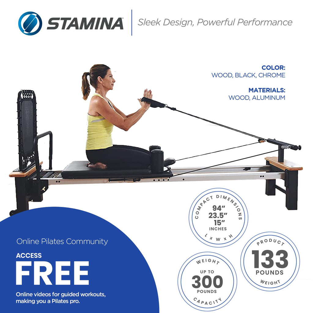 Stamina Products AeroPilates Board Reformer with Oak Wood Base – Studio Grade for Home Use with Cardio Rebounder, Adjustable Foot Bar, 4 Resistance Springs, and Workout DVD