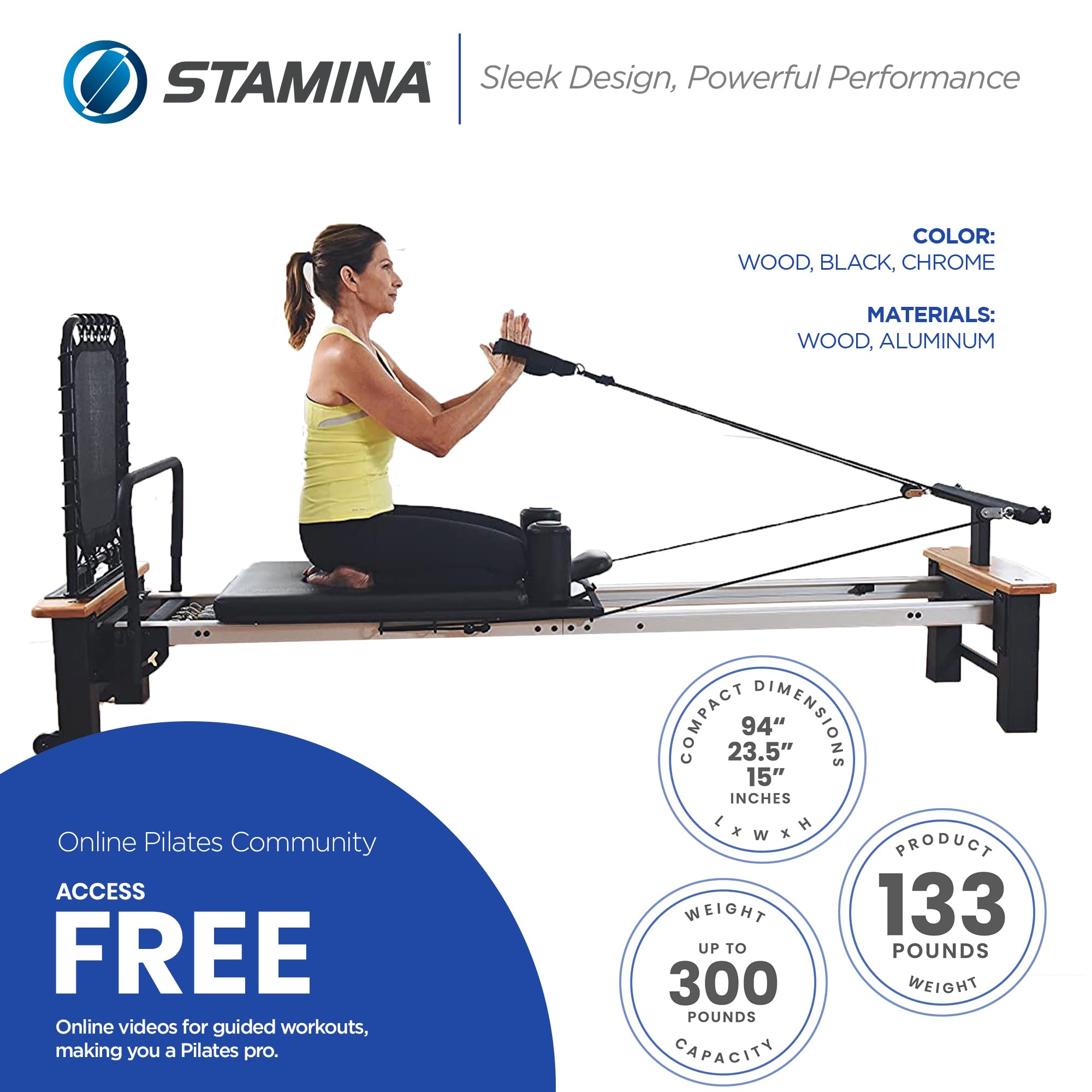 Stamina Products AeroPilates Board Reformer with Oak Wood Base – Studio Grade for Home Use with Cardio Rebounder, Adjustable Foot Bar, 4 Resistance Springs, and Workout DVD