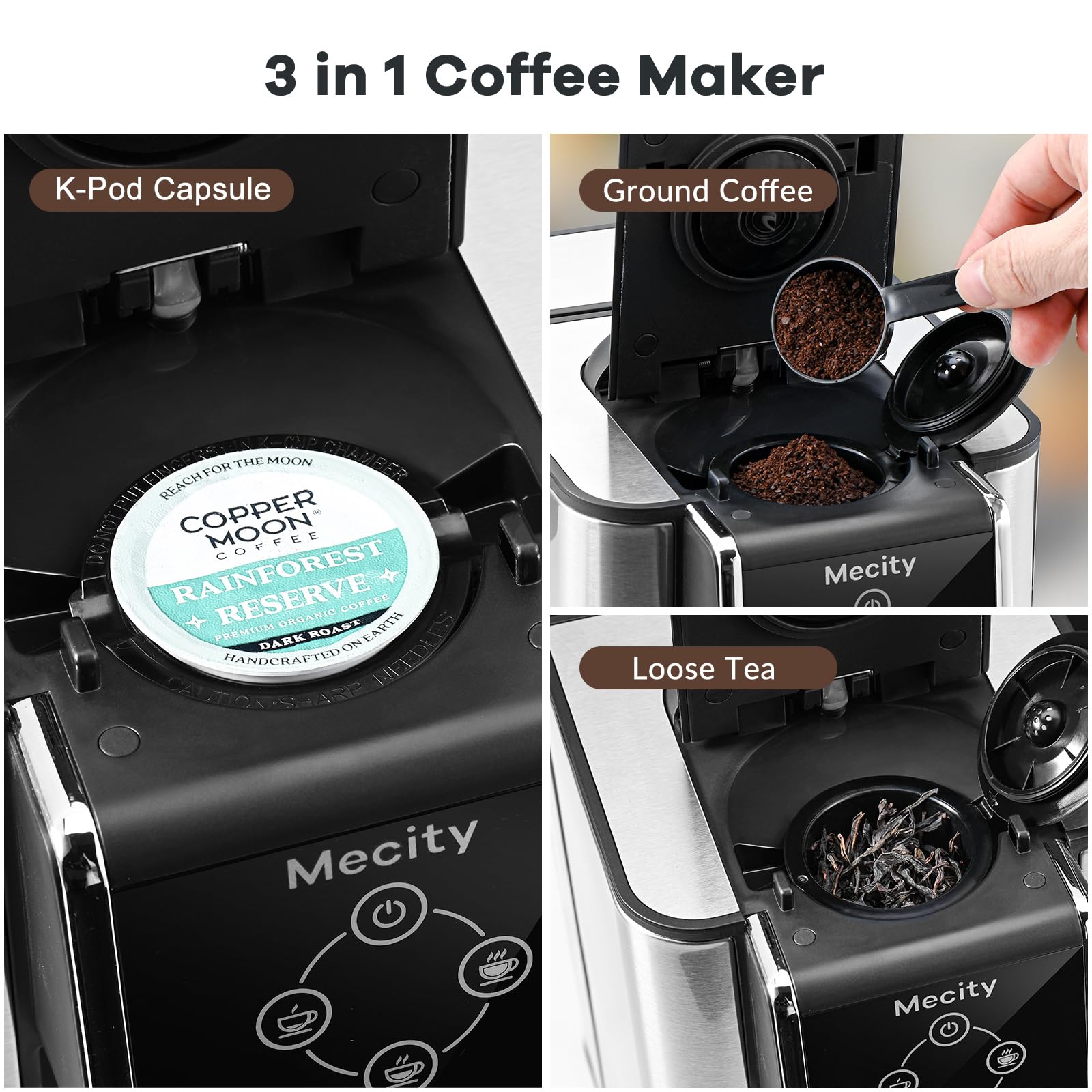 Mecity Pink Coffee Maker 3-in-1 Single Serve Coffee Machine, For Flat Bottom Coffee Capsule, Ground Coffee, 6 to 10 Ounce Cup, Removable 50 Oz Water Reservoir, 120V 1150W