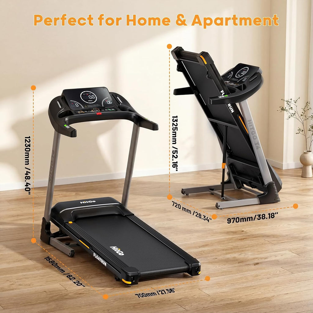 HitGo Treadmill with 15% Auto Incline,10 MPH High Speed Running Machine for Home Gym,Silent Brushless Motor,400lbs Weight Capacity,Air Cushion Shock Absorption,Bluetooth App Kinomap HitGo,Black
