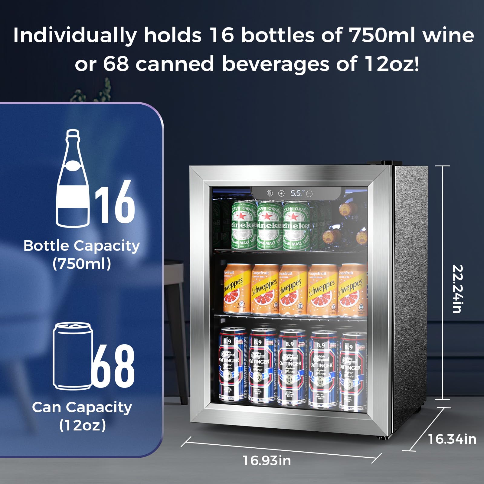 Electactic 50 Cans Beverage Refrigerator Cooler, 1.3 Cu.ft Mini Fridge Countertop Drink Cooler with Glass Door for Beer, Soda,Wine, Adjustable Digital Temperature Control for Home Dorm Bar, Black