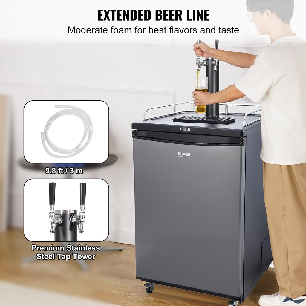 VEVOR Beer Kegerator, Dual Tap Commercial Draft Beer Dispenser for D system, Full Size Keg Refrigerator with 5lbs CO2 Tank, Hold 2 Sixth / 2 Ball lock keg, Black