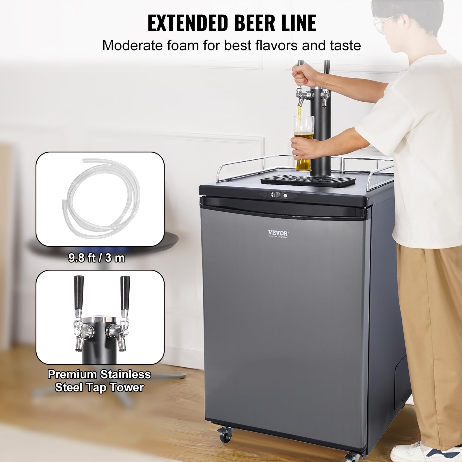 VEVOR Beer Kegerator, Dual Tap Commercial Draft Beer Dispenser for D system, Full Size Keg Refrigerator with 5lbs CO2 Tank, Hold 2 Sixth / 2 Ball lock keg, Black
