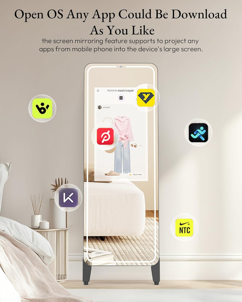 HARZHI Smart Fitness Mirror with 32'' HD Touchscreen, 65'' Full-Length Mirror, Android OS, Voice Control, for Home Gym, Yoga, Dance and Training