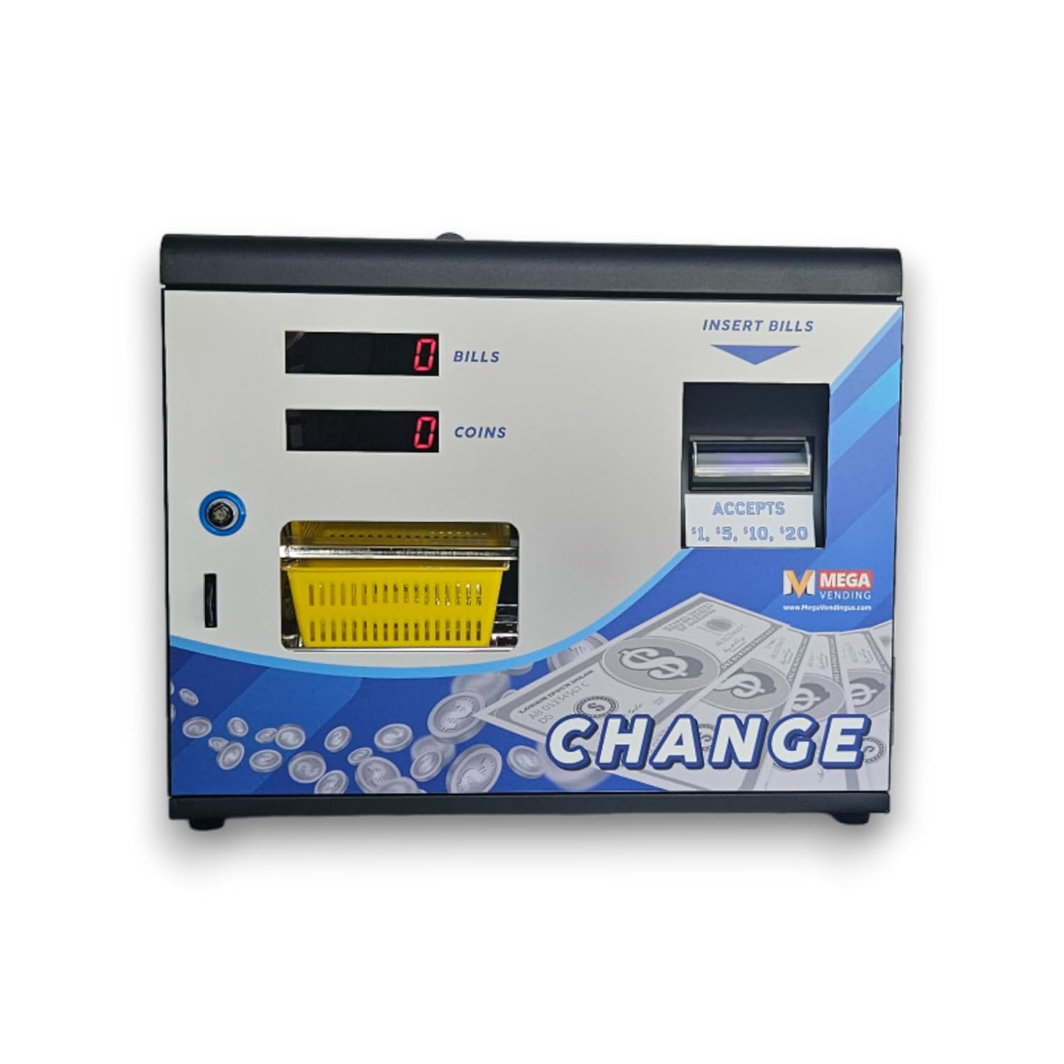 Dollar Bill Changer Machine – Front Door Bill to Coin Change Machine Black, Slots, Arcades, Laundry Stores Accepts Various Denominations to Dispense US Quarters/Tokens – Fits 3000 Coins