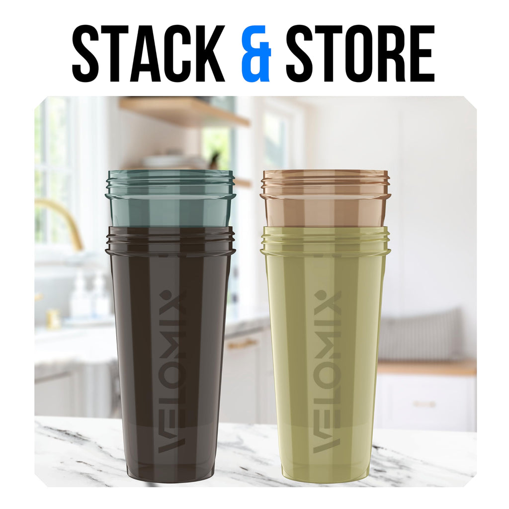 VELOMIX -4 PACK- 28 oz Protein Shaker Bottle for Protein Mixes - 4x Wire Whisk | Leak Proof Shaker Cups for Protein Shakes | Protein Shaker Bottle Pack | Protein Shake Cup (NeoCool Pack)