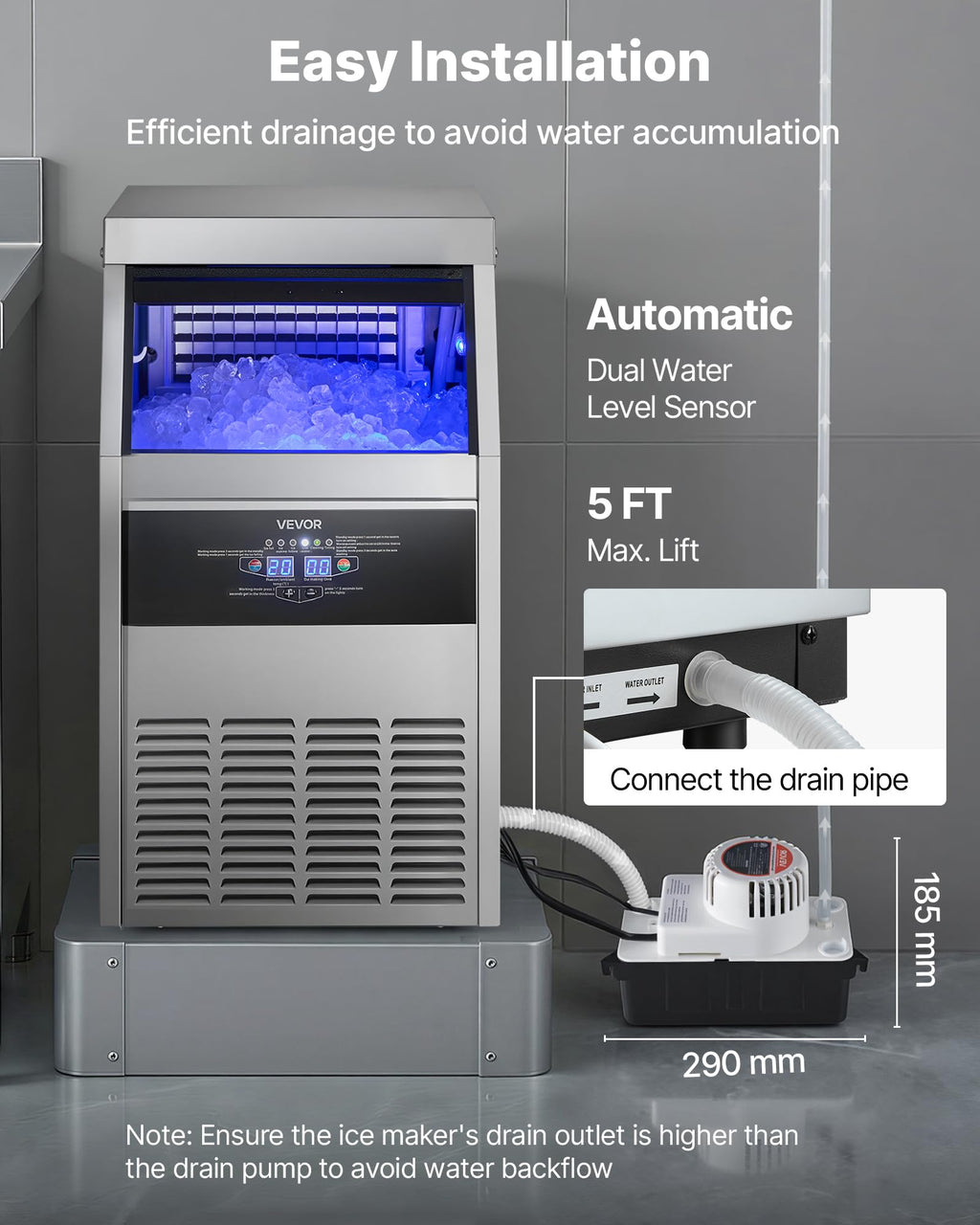 VEVOR Commercial Ice Maker Machine with Pump, 360 lbs/24h with 85 lbs Storage Capacity, Built-in/Freestanding/Under Counter, Stainless Steel Ice Maker with LED Display & Self-Cleaning, for Home Bar