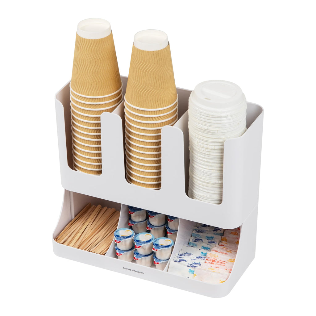 Mind Reader Condiment Station, 13 Inch Countertop Coffee Bar Organizer with 6 Compartments, Storage Caddy for Cups, Lids and Packets, Plastic, Black