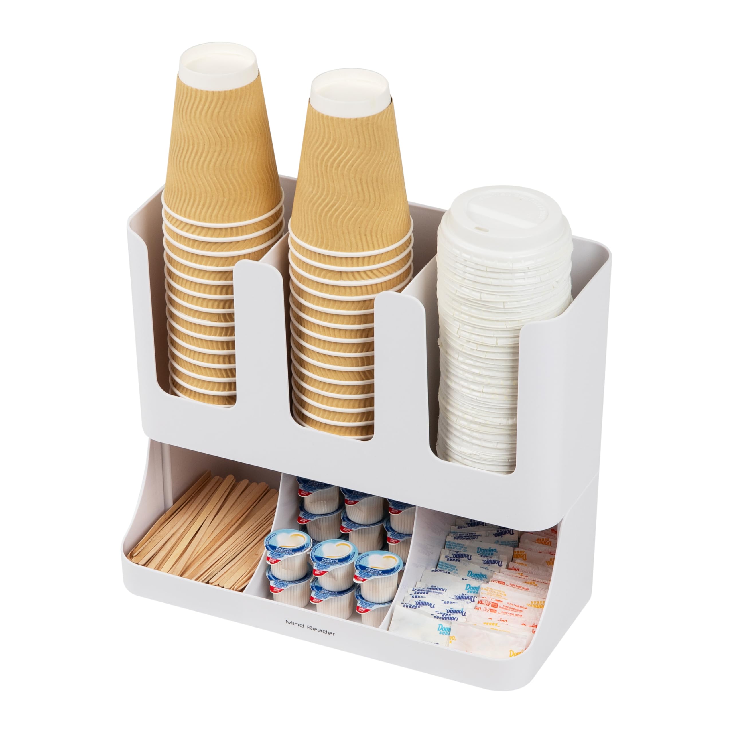 Mind Reader Condiment Station, 13 Inch Countertop Coffee Bar Organizer with 6 Compartments, Storage Caddy for Cups, Lids and Packets, Plastic, Black