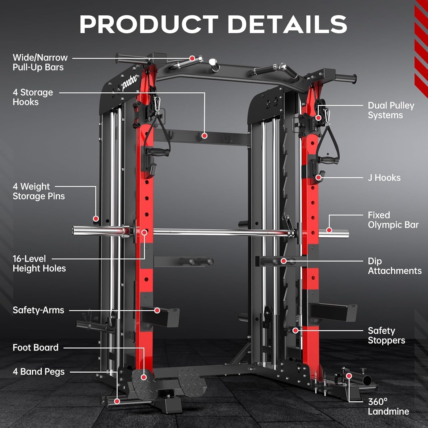 pooboo Multi-Functional Machine Power Cage, 2000LB Squat Rack, LAT-Pull Down System, Dual Pulley Cable Crossover System, Home Gym Workout Machine with Strength Training Attachments
