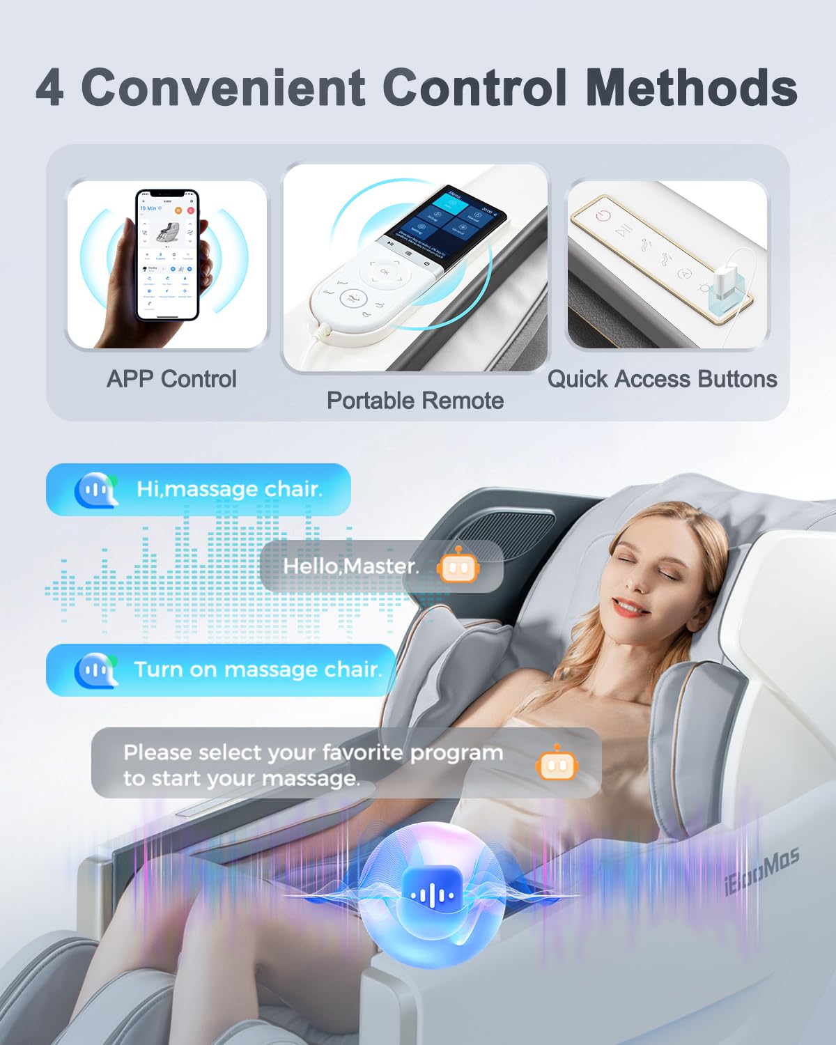 iBooMas Massage Chair Full Body, Body Scan Zero Gravity Massage Chair Recliner with 54in SL-Track, Ajustable 18 Modes, Auto Extending Footrest, Foot Massage, App, AI Voice, Airbags, Heat(White+Grey)