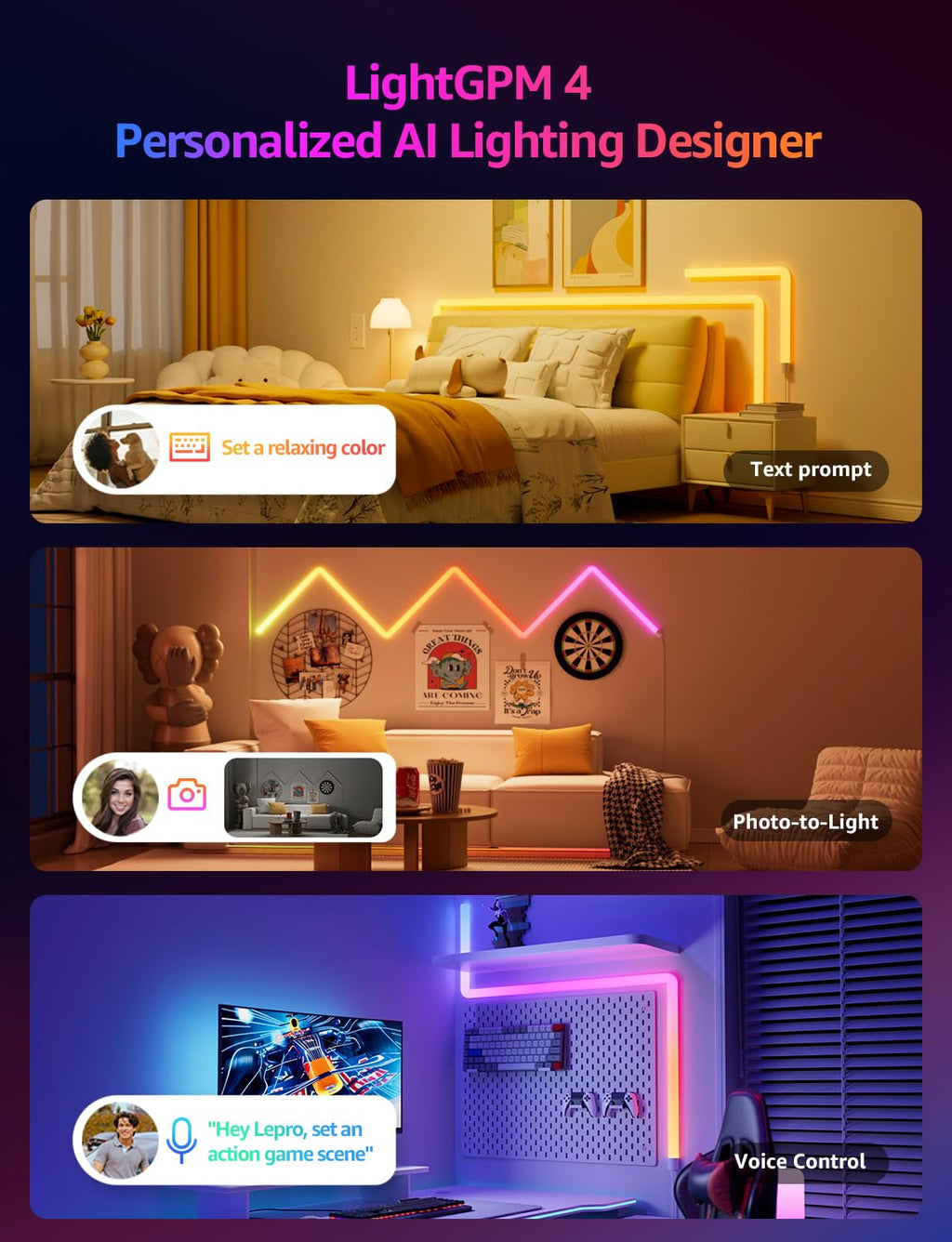 Lepro WL1 AI Smart RGB Wall Lights for Christmas Decorations, LLM AI Generated Lighting with LightBeats Music Sync, Voice Control Via App, Wi-Fi & Bluetooth LED Light Bars, 6 Pcs with 2 Corners