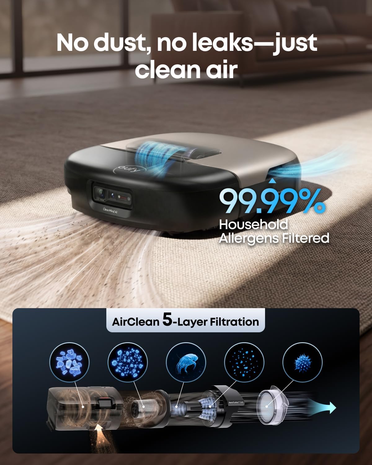 eufy Robot Vacuum Omni S2 and Mop Combo, 99.99% Germ Removal, HydroJet™ 2.0 Always Self-Cleaning Roller Mop, 30,000 Pa Fade-Free Suction, 5-Layer Filtration, 68-Days Self Emptying, Fragrance Diffuser