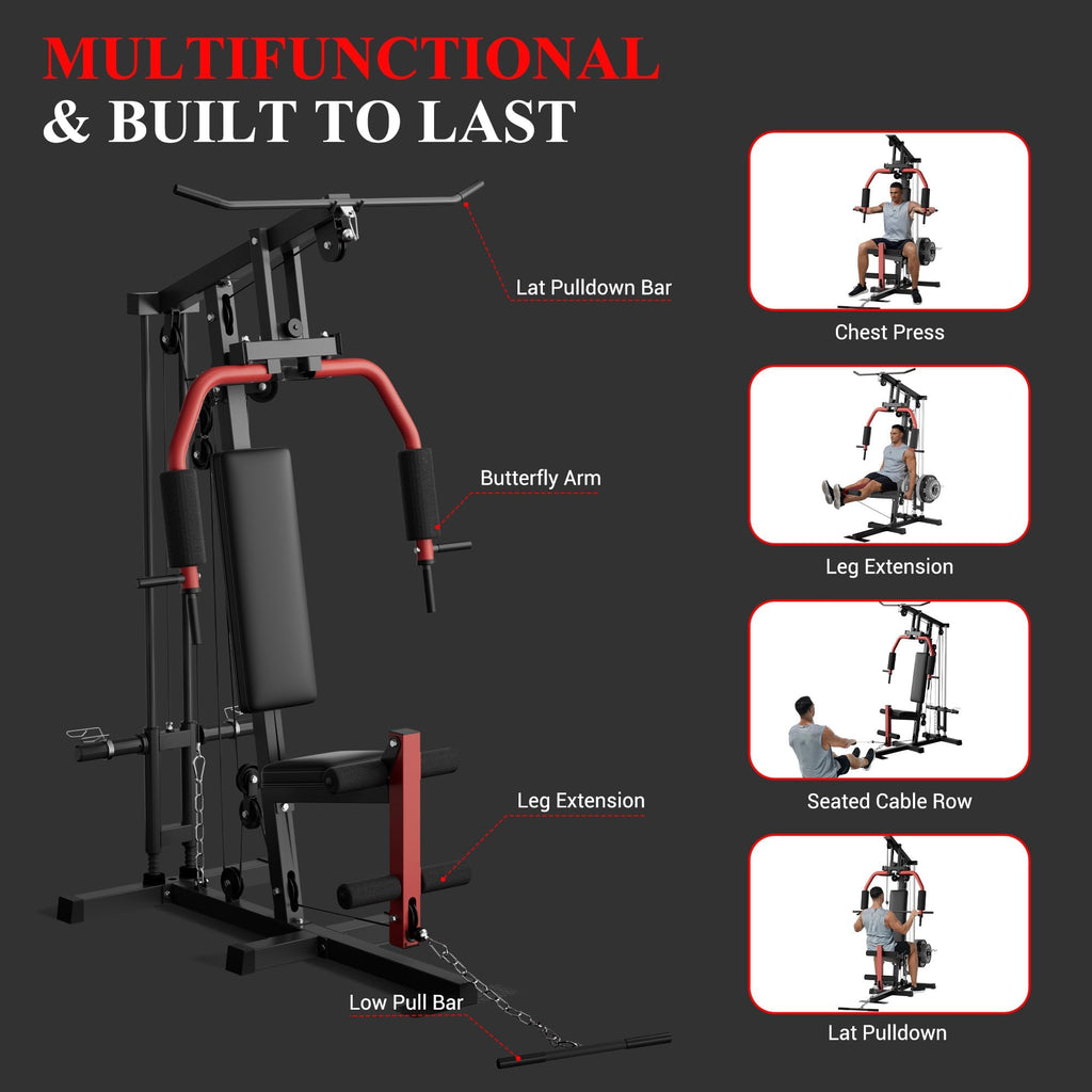 5-in-1 Multifunctional Home Gym Equipment, Full Body Training Machine with LAT Pulldown, Chest Press, Leg Extension, Seated Row,300LB Weight Capacity, Fits 1&2 Inch Weight Plates (Not Included)