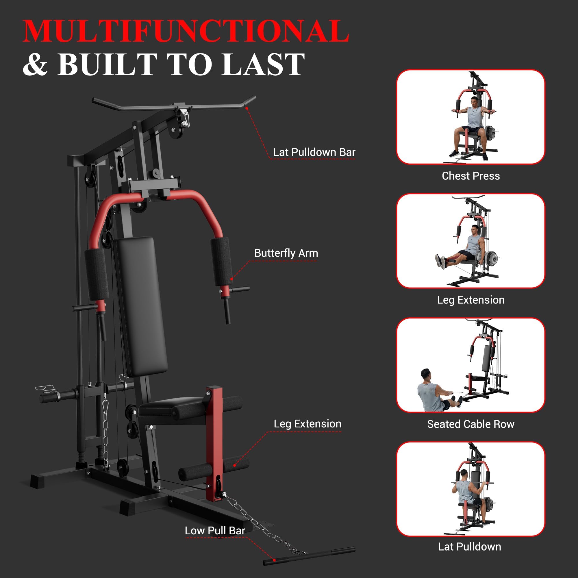 5-in-1 Multifunctional Home Gym Equipment, Full Body Training Machine with LAT Pulldown, Chest Press, Leg Extension, Seated Row,300LB Weight Capacity, Fits 1&2 Inch Weight Plates (Not Included)