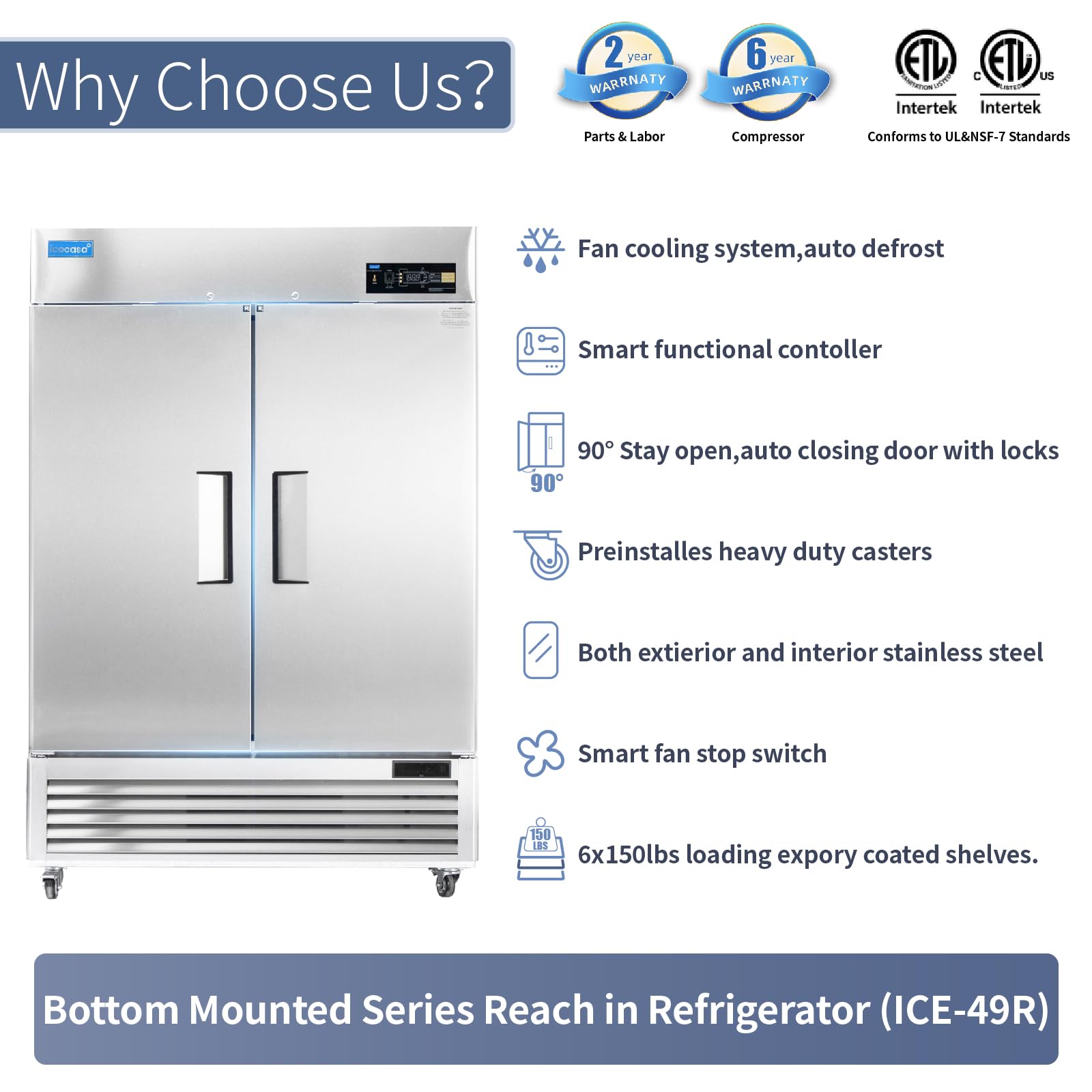 ICECASA 48" W Commercial Refrigerator Reach-in 36 Cu.ft 2 Solid Door Stainless Steel Commercial Refrigerator Fan Cooling for Restuarant, Bar, Shop, etc