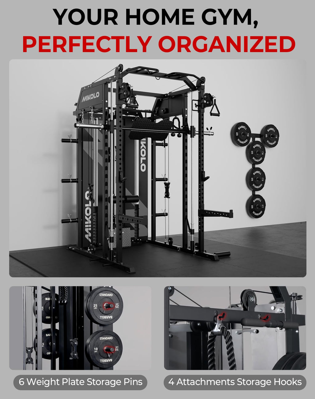Mikolo Smith Machine with Weight Stack, Power Cage Home Gym System with LAT Pulldown & Cable Crossover, Multi-Functional Trainer with Dual Pulley System, Includes 10+ Free Attachments