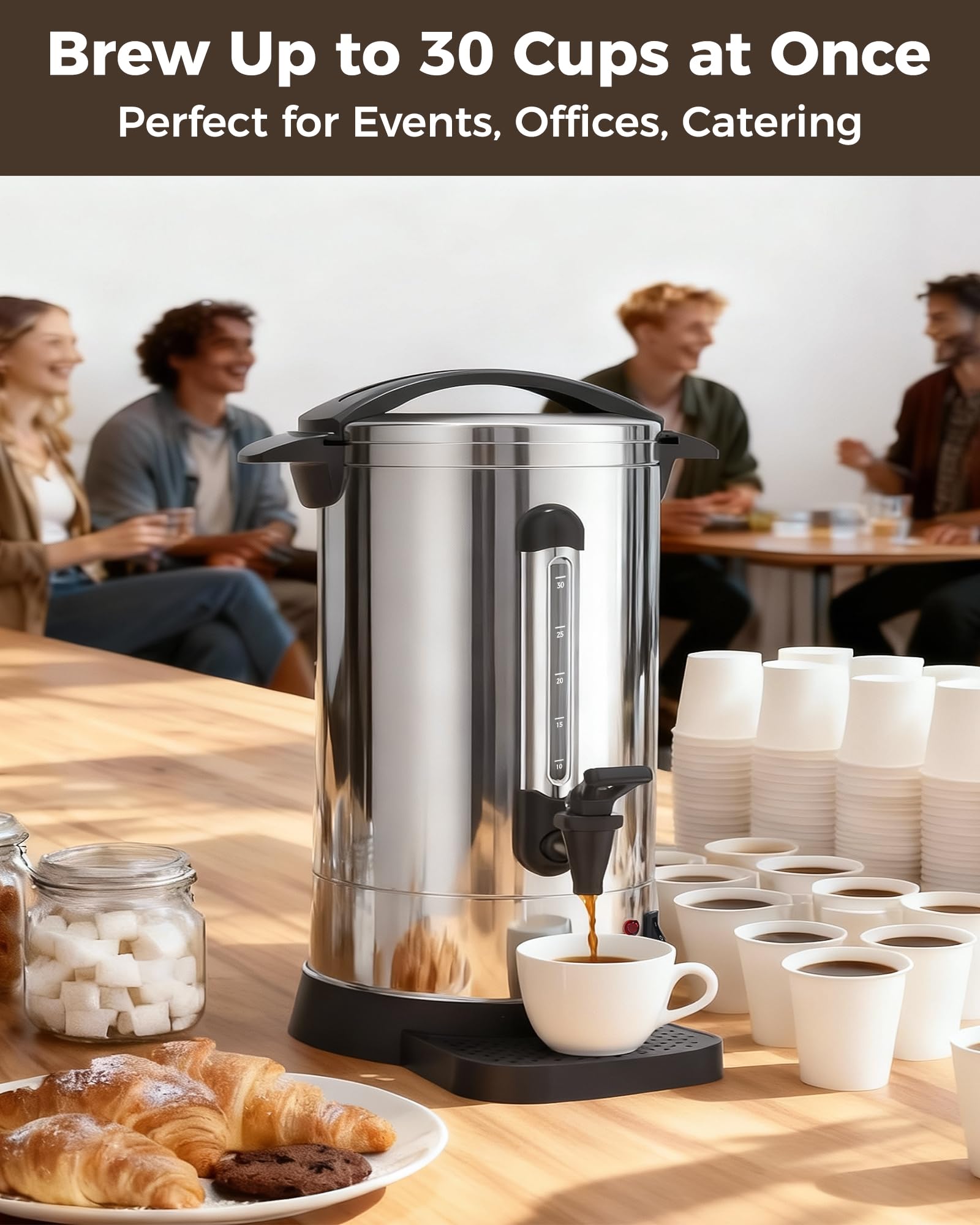 OSTBA 1500W Commercial Coffee Urn 100 Cup / 15L Large Percolator Coffee Pot, Double-Wall 304 Stainless Steel Hot Water Dispenser, Fast Brewing Electric Coffee Maker for Catering, Parties, Offices