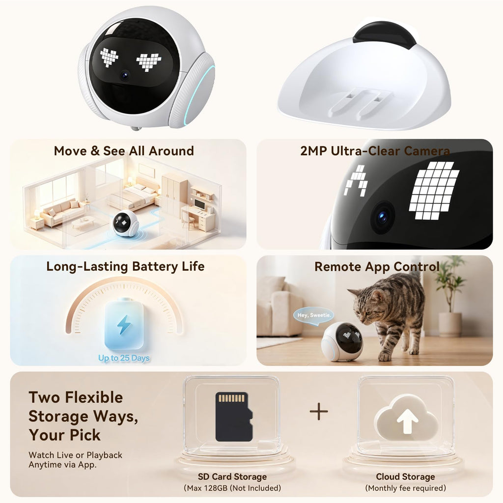 Vivideye Pet Camera 1080P, Movable Robot Security Camera for Dog Cat, Rolling Robot Indoor Camera with Talk,Battery-Operated, Auto-Recharge, Night Vision,SD/Cloud Storage, Pet/Human/Voice Detection