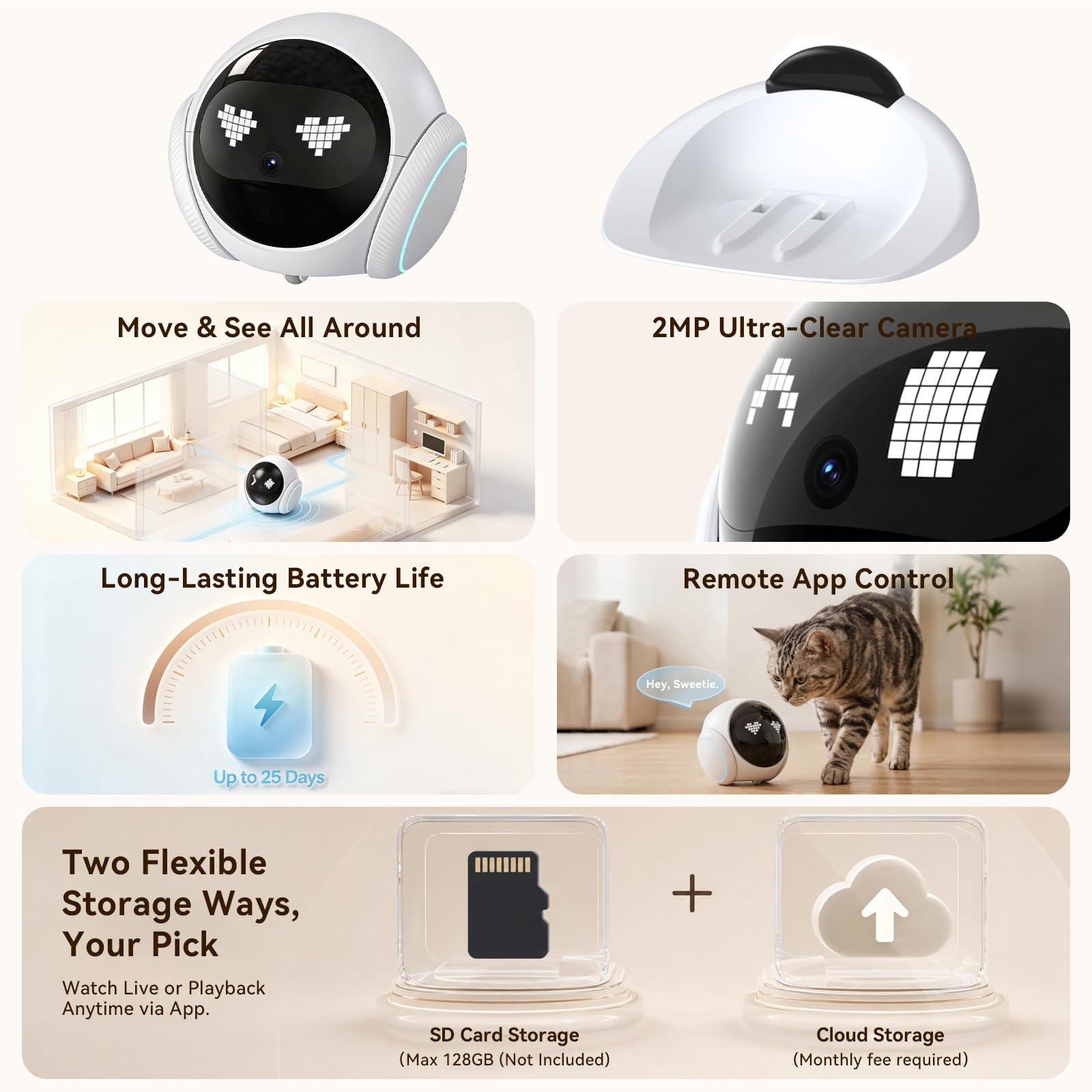 Vivideye Pet Camera 1080P, Movable Robot Security Camera for Dog Cat, Rolling Robot Indoor Camera with Talk,Battery-Operated, Auto-Recharge, Night Vision,SD/Cloud Storage, Pet/Human/Voice Detection