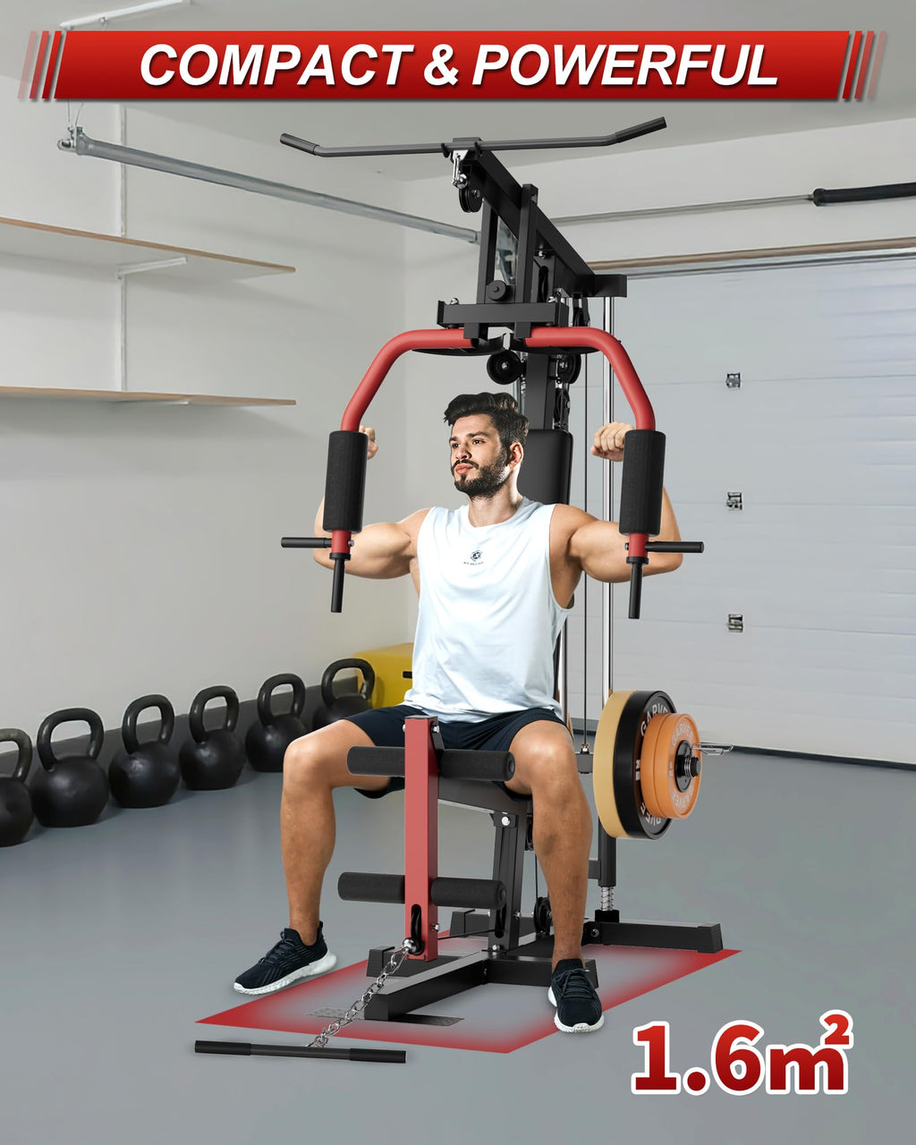 5-in-1 Multifunctional Home Gym Equipment, Full Body Training Machine with LAT Pulldown, Chest Press, Leg Extension, Seated Row,300LB Weight Capacity, Fits 1&2 Inch Weight Plates (Not Included)