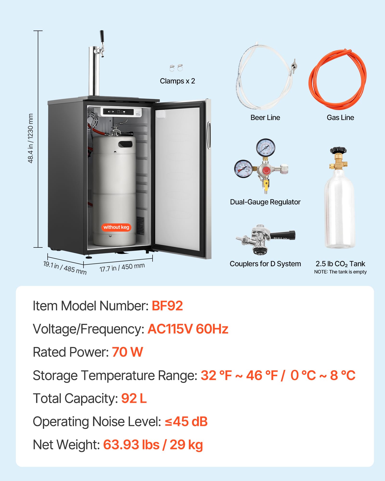 VEVOR Beer Kegerator, Dual Tap Commercial Draft Beer Dispenser for D system, Full Size Keg Refrigerator with 5lbs CO2 Tank, Hold 2 Sixth / 2 Ball lock keg, Black