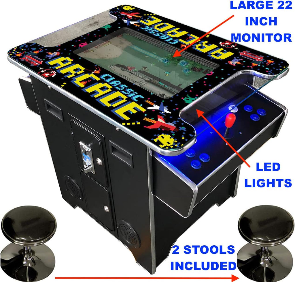 Top Us Video Arcades Full Size Commercial Grade Cocktail Arcade Machine 2 Player Retro 60 Games 22" LCD Screen Tempered Glass 2 Stools Included 5 Year Warranty Black