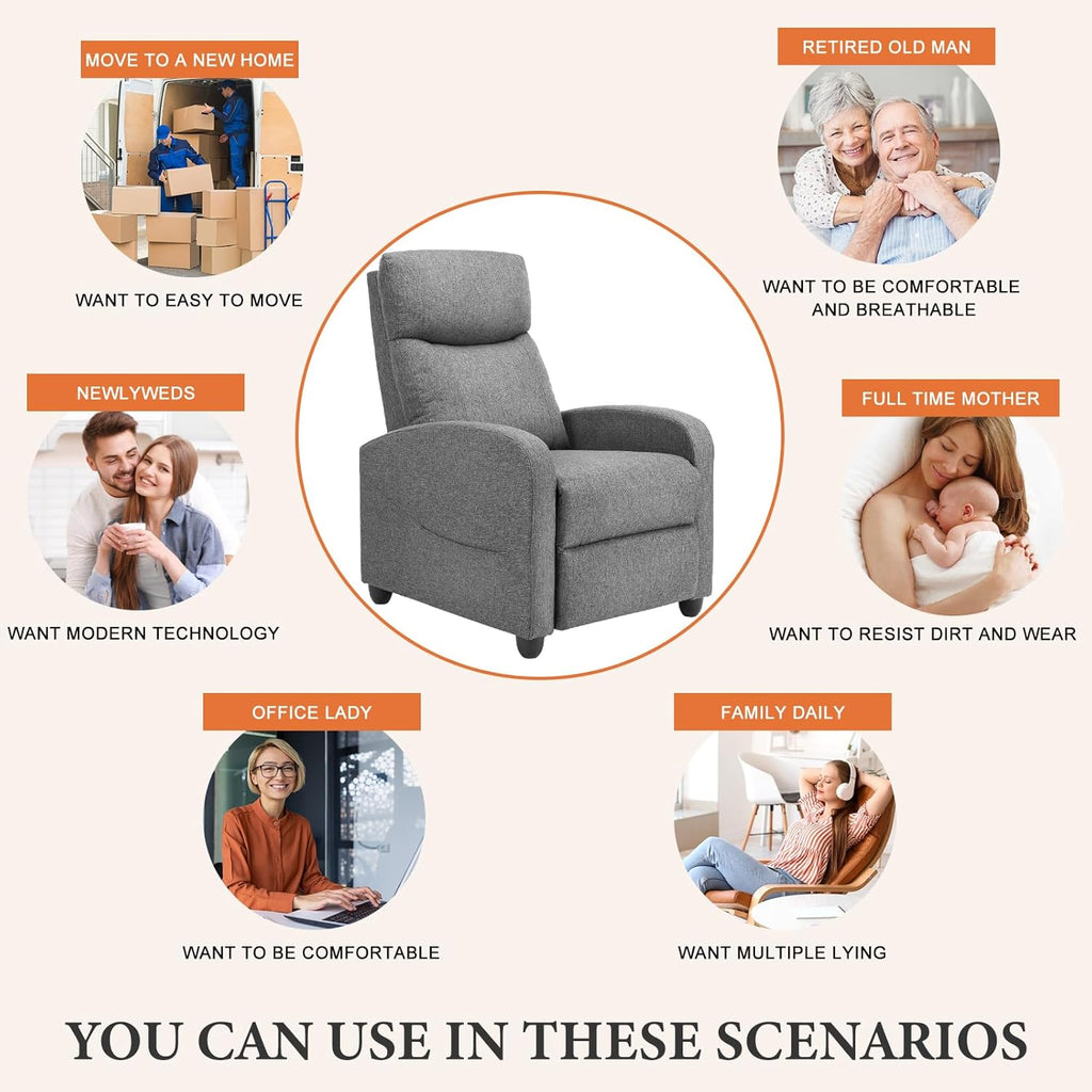 Sweetcrispy Massage Recliner Chair for Adults, Adjustable Home Theater Seating with Lumbar Support for Living Room, Modern Fabric Reclining, Cool Gray