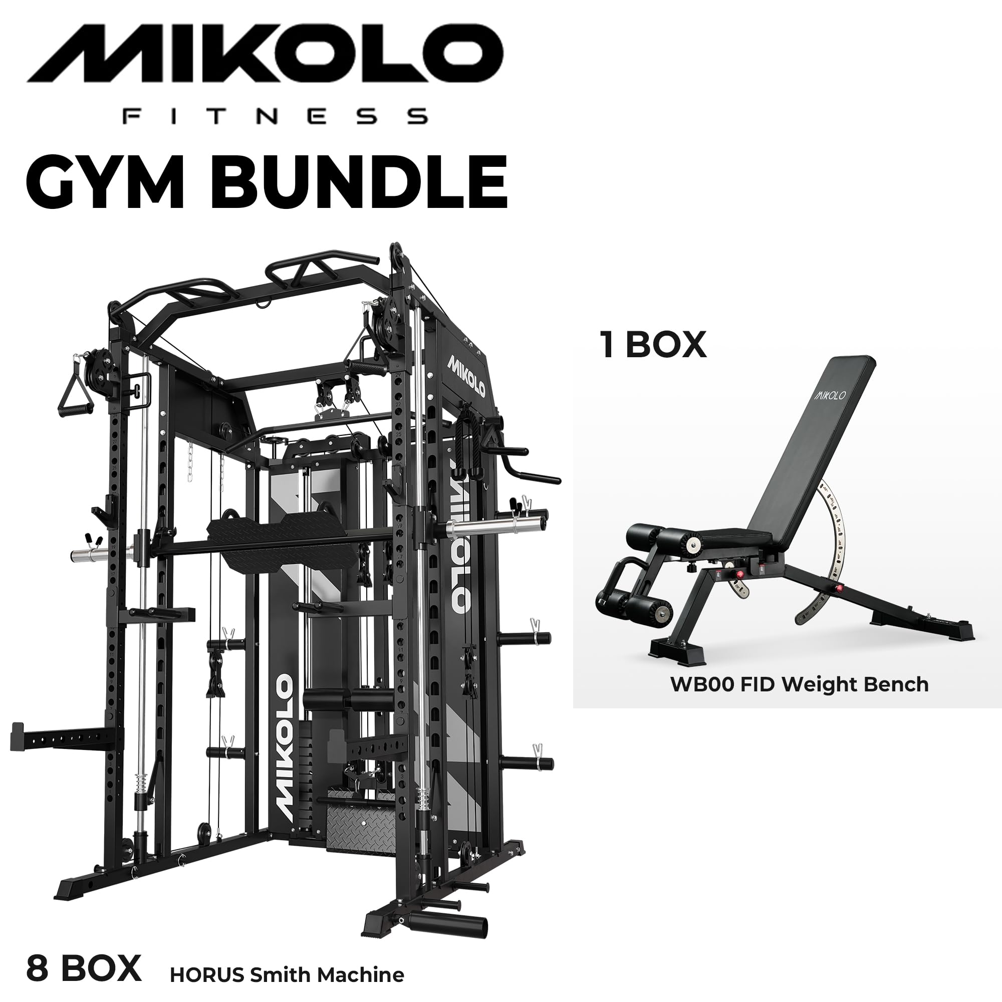Mikolo Smith Machine with Weight Stack, Power Cage Home Gym System with LAT Pulldown & Cable Crossover, Multi-Functional Trainer with Dual Pulley System, Includes 10+ Free Attachments