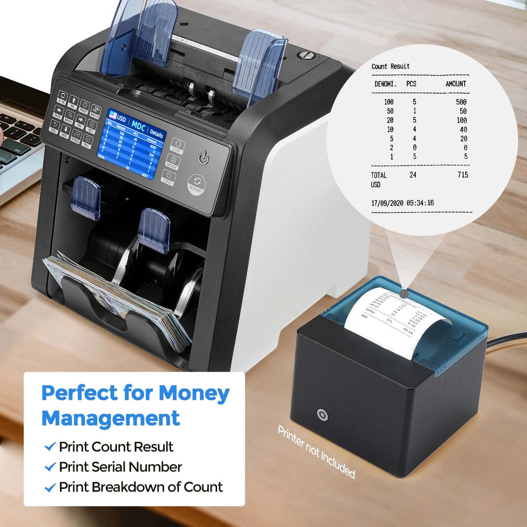 MUNBYN IMC08 Dual Money Counter Machine Mixed Denomination with Reject Pocket, Value Counting, Counterfeit Detection 2 CIS/UV/MG/IR, Sort&Print Enabled Cash Counter, Mixed Bill Counter (Black)