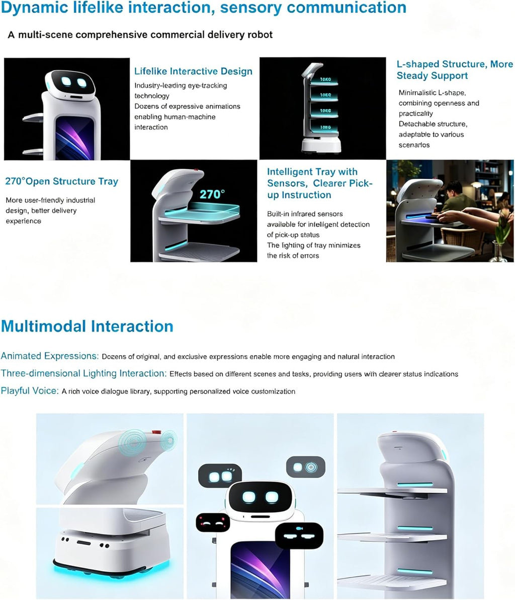 Commercial Smart Food Delivery Robot, Restaurant Service Robot Waiter with Multi Layer Trays, Autonomous Mobile Robot for Food Serving, Hotel Service, Hospital Delivery