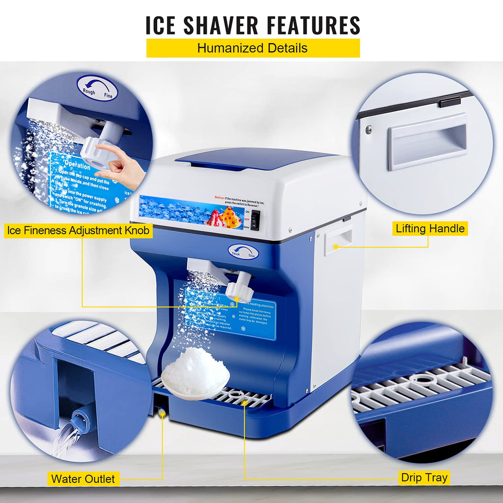 VEVOR Commercial Ice Shaver Crusher, 220lbs/hr Electric Fluffy Ice & Snow Cone Machine, 250W 1500RPM Tabletop Fluffy Shaved-Ice Machine for Parties Events Snack Bar, Home and Commercial Use (White)