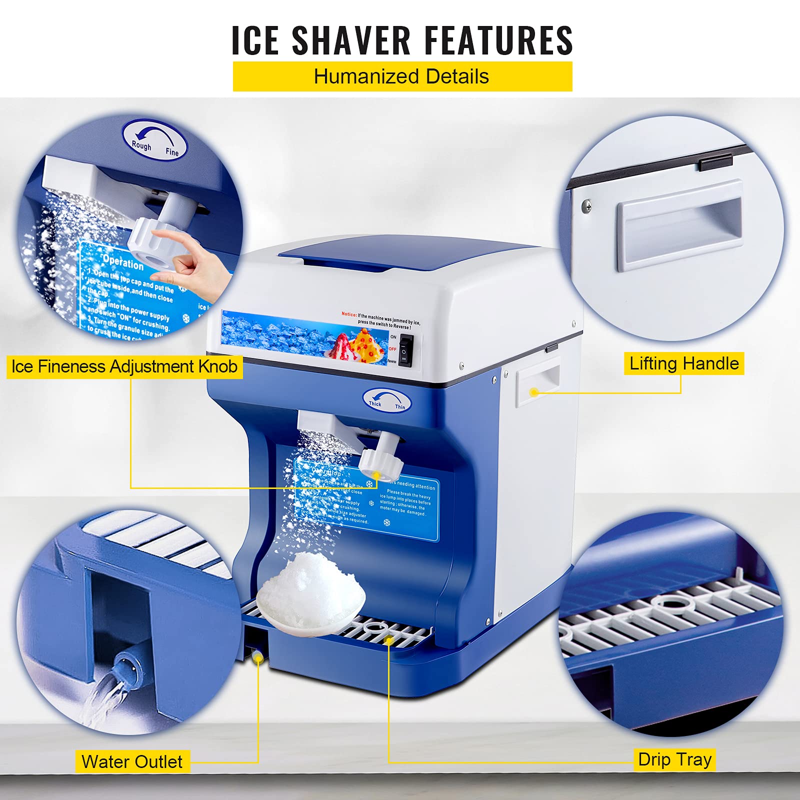 VEVOR Commercial Ice Shaver Crusher, 220lbs/hr Electric Fluffy Ice & Snow Cone Machine, 250W 1500RPM Tabletop Fluffy Shaved-Ice Machine for Parties Events Snack Bar, Home and Commercial Use (White)