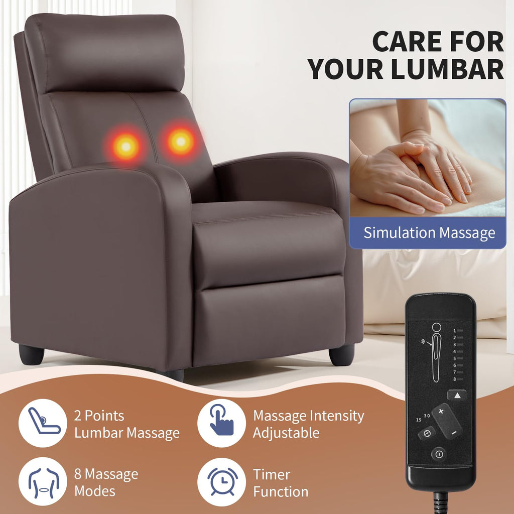 BestMassage | Recliner Chair | with 2 Point Massage Function | Pu Brown | with Lumbar Support, Adjustable Push Back, Footrest & Padded Seat | Easy Assembly | for Living Room, Home Theatre