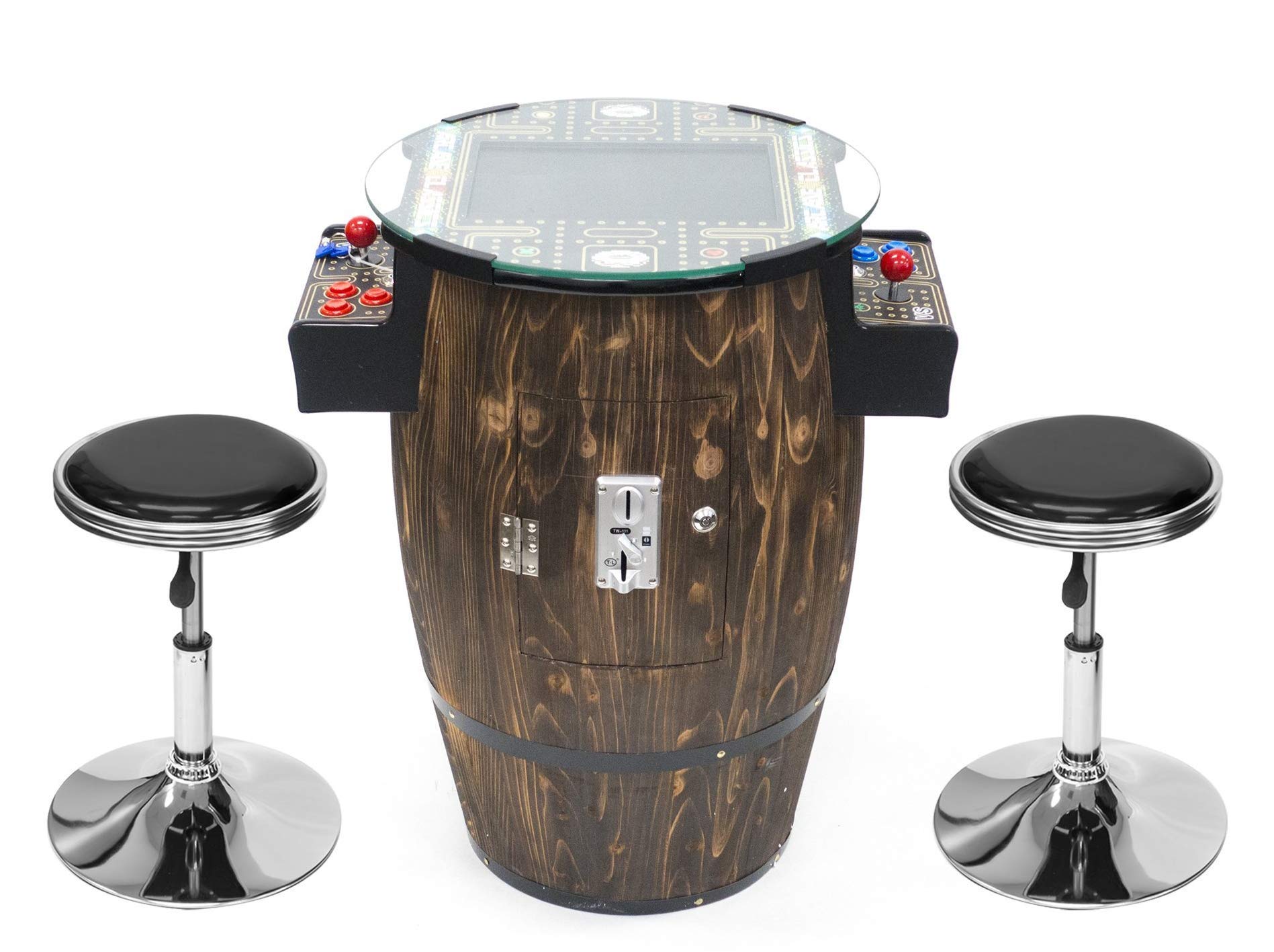 Creative Arcades Full-Size Commercial Grade Wine Barrel Style Pub Arcade Machine | Standard/Medium/Large | Classic Games | 2 Sanwa Joysticks | 2 Stools (Large, 60 Game, 19" Screen, Woodgrain)