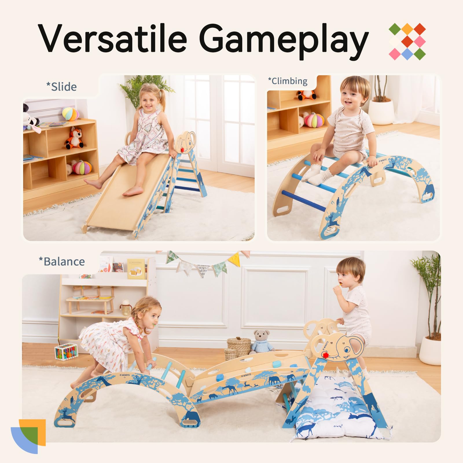 WINGYZ Pikler Triangle Set, Montessori Foldable 8-in-1 Jungle Gym & Reversible Animal Slide, Patent-Protected Climbing Set, Safe 2.35" Gap ASTM F963 Standards for Toddlers 18 Months-5 Years (Rainbow)