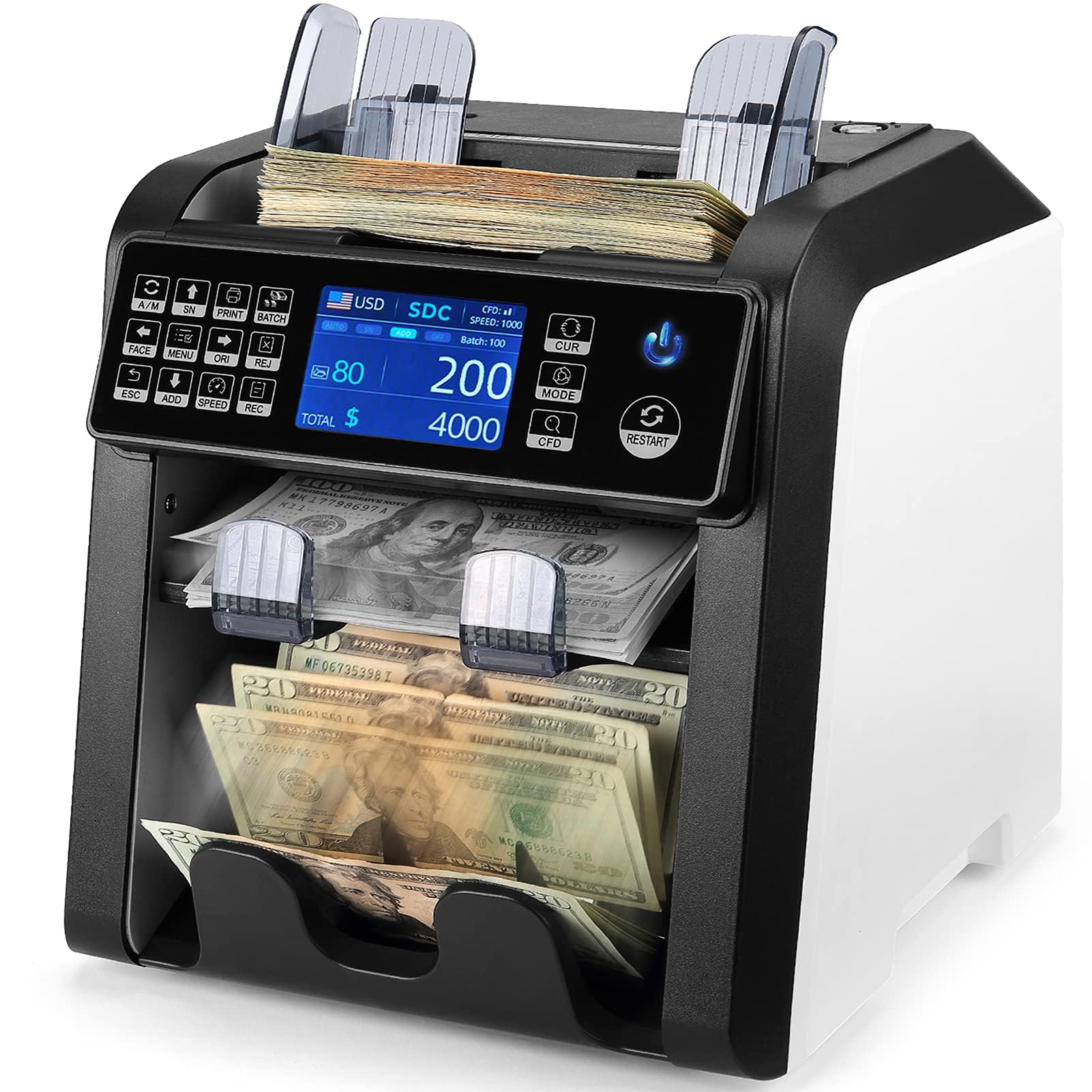MUNBYN IMC08 Dual Money Counter Machine Mixed Denomination with Reject Pocket, Value Counting, Counterfeit Detection 2 CIS/UV/MG/IR, Sort&Print Enabled Cash Counter, Mixed Bill Counter (Black)
