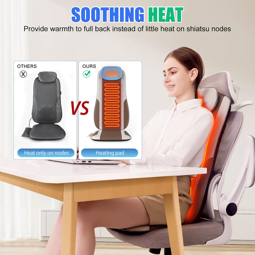 Back Massager with Heat & Traction & Vibration, Seat Massager Pad for Pain Relief Deep Tissue, Lumbar Traction, PU Leather, Foldable, for 5’ to 6’1”, Massage Chair Pad for Office Home