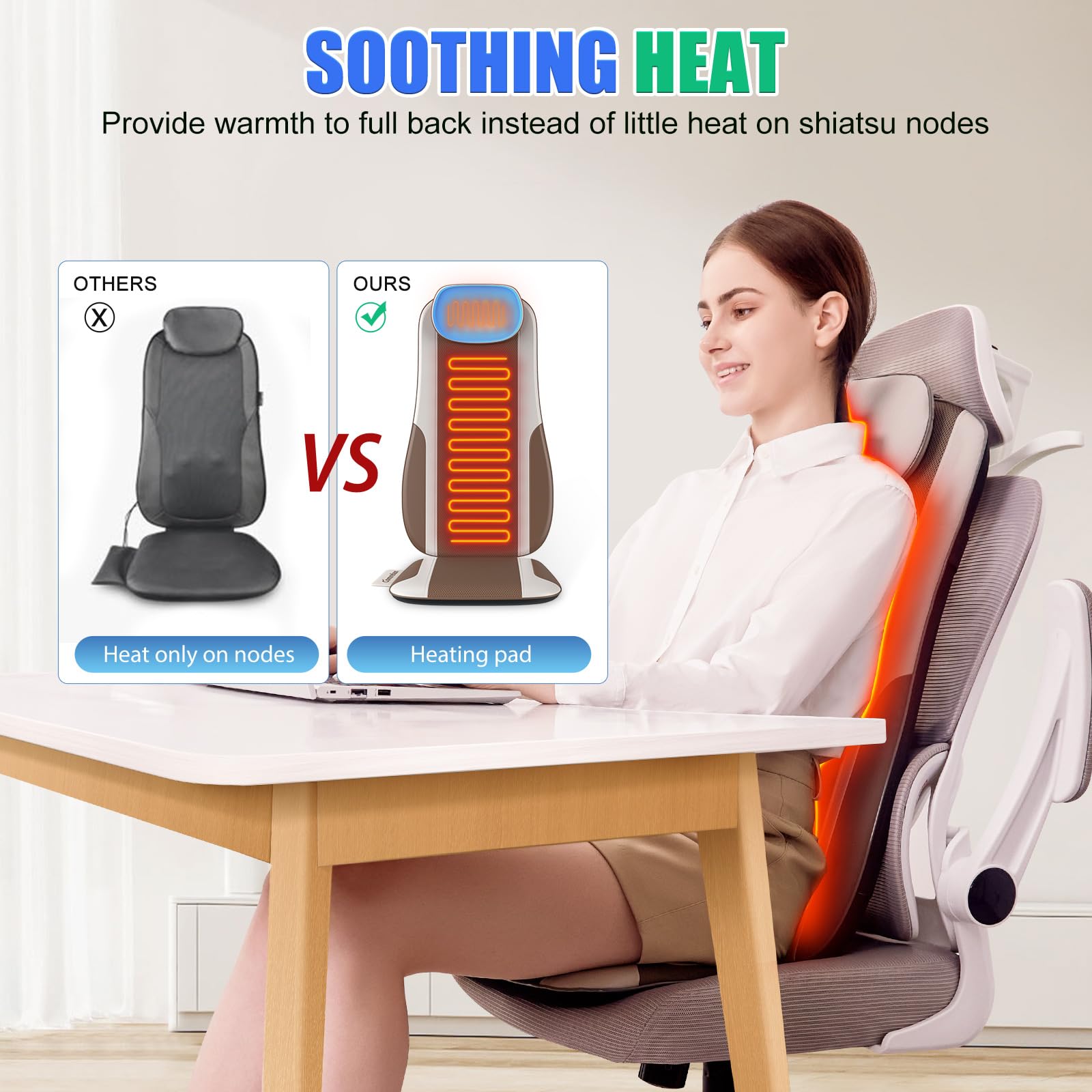 Back Massager with Heat & Traction & Vibration, Seat Massager Pad for Pain Relief Deep Tissue, Lumbar Traction, PU Leather, Foldable, for 5’ to 6’1”, Massage Chair Pad for Office Home