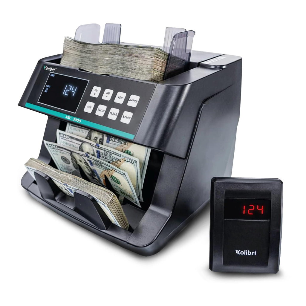 KOLIBRI Money Counter Machine I LCD Display I Business Grade I Dollar, Euro I Advanced UV/MG/IR/DD/HLF Detection I Single Denomination Value Count I 1,500 Notes/Min I 1-Year Warranty I KOLIBRI UV/MG