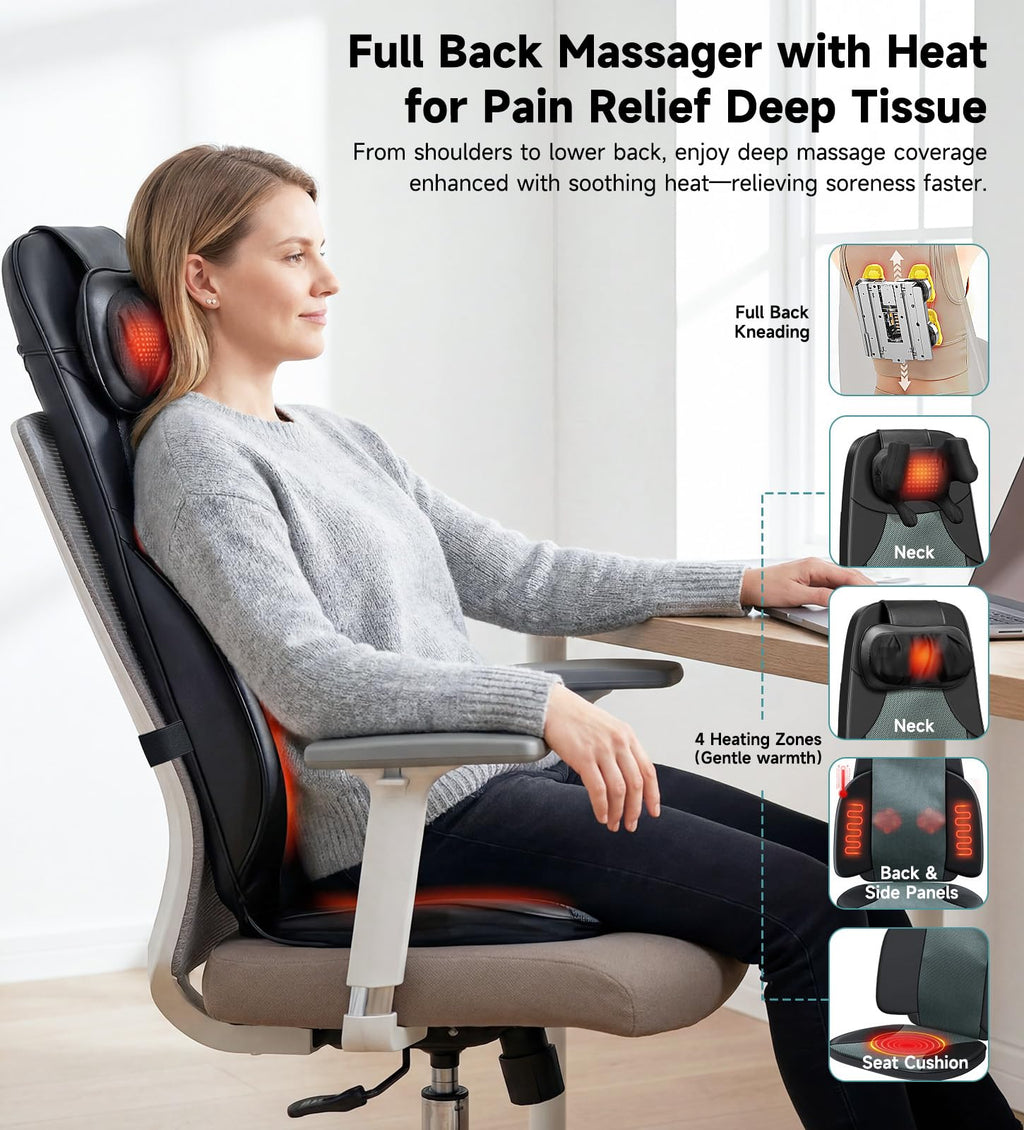 Shiatsu Neck and Back Massager for Chair with Heat, 2 Interchangeable Attachments Full Back Massage Pad Deep Tissue, Adjustable Height 3-Level Intensity for Office Home, Masajeador de Espalda, Khaki